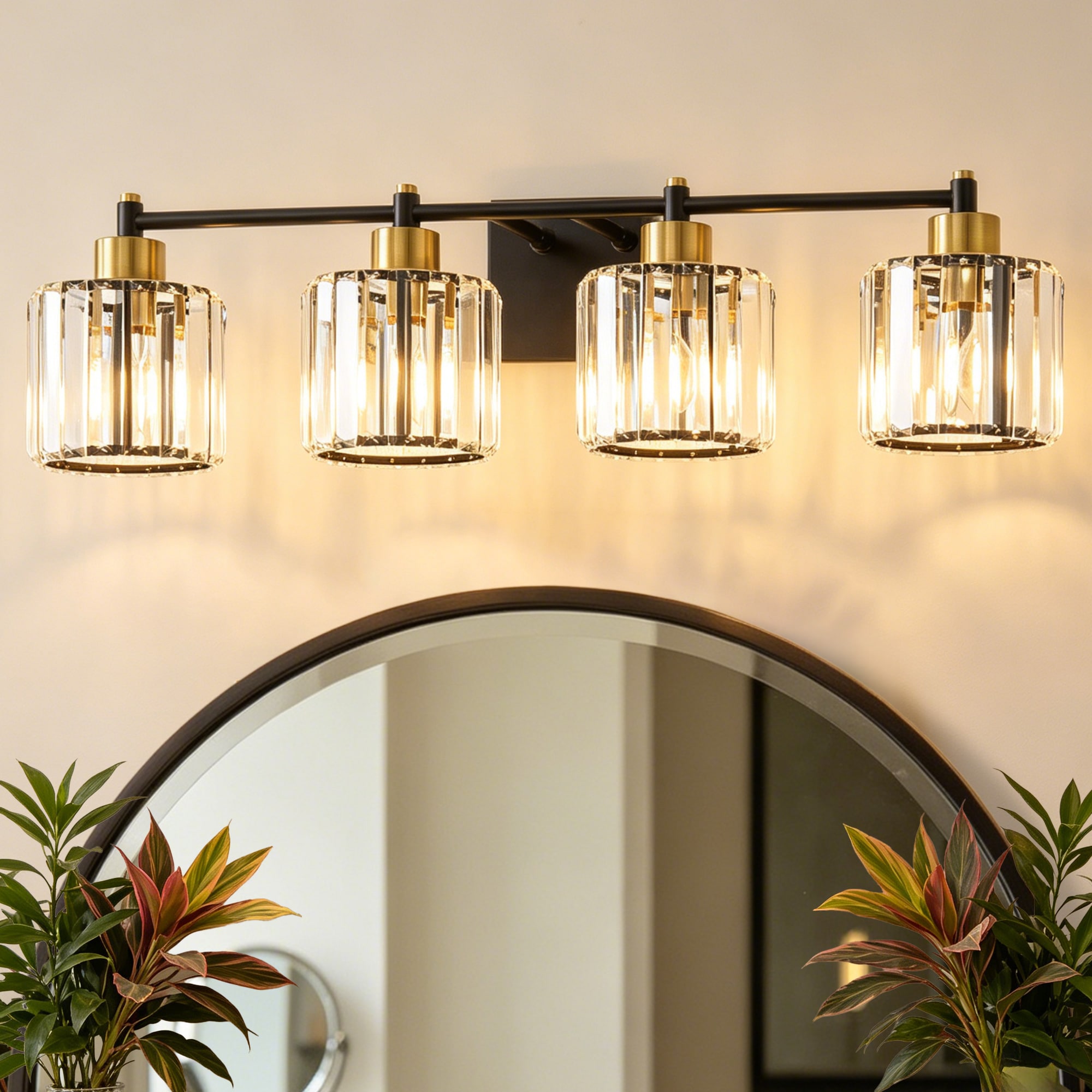 Lanmate  4 Light Black Gold Crystal Vanity Light Fixture Bathroom Wall Mounted Vanity Light 30.82-in