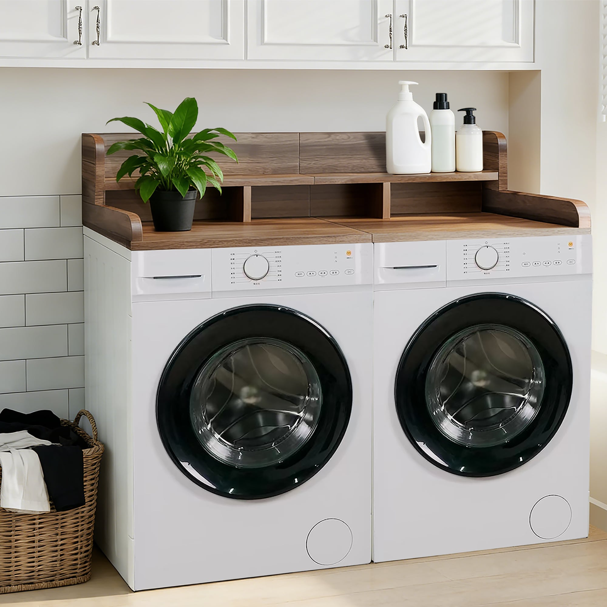 Wooakway 58-in Width x 28-in Depth Washer Dryer Countertop with Non-slip Pads Laundry Wood Shelf Topper with Edge Double Layer Organizer for Washer and Dryer Laundry Hamper Counter Storage Organization WALNUT in