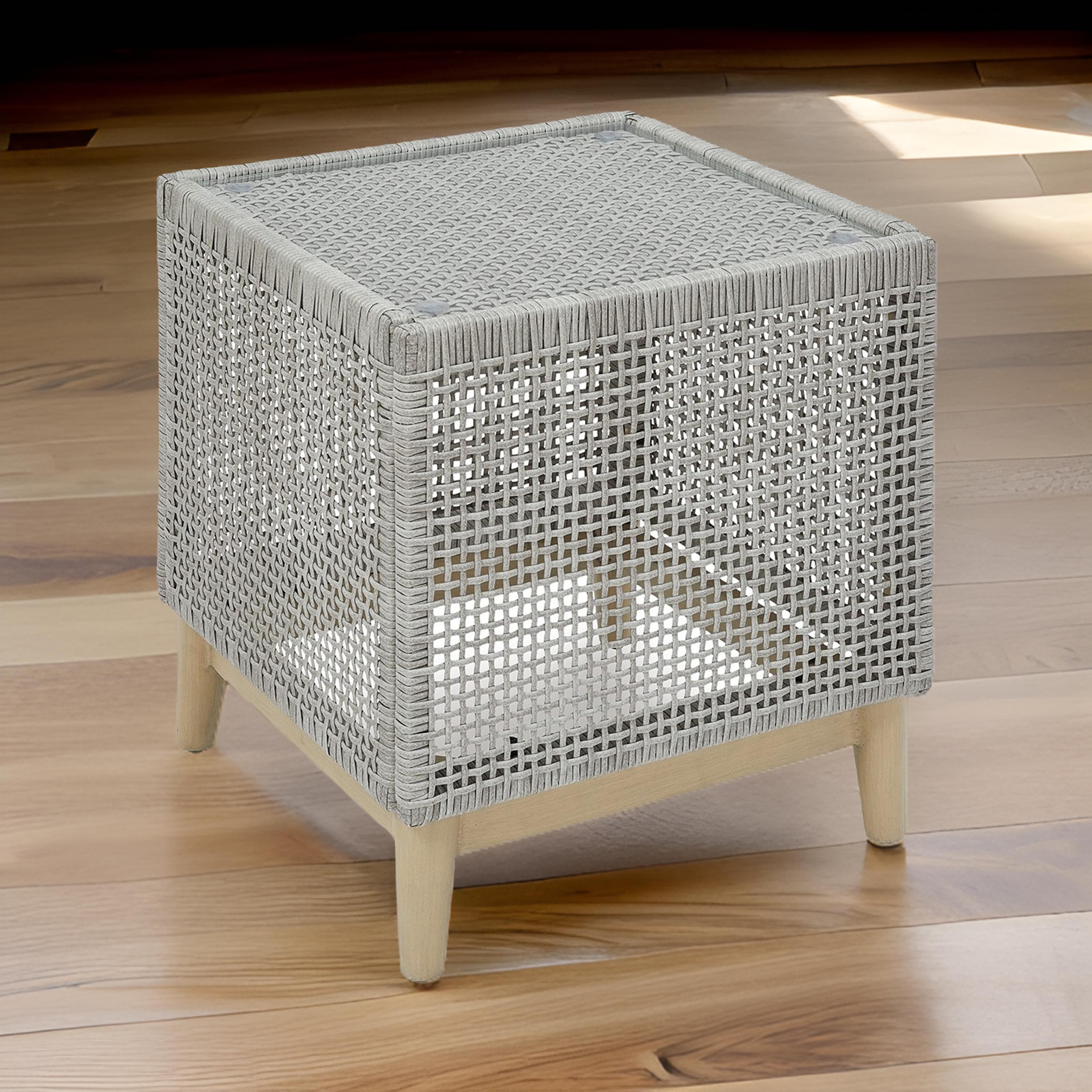 Gray Square Resin Wicker Outdoor End Table with Glass Top