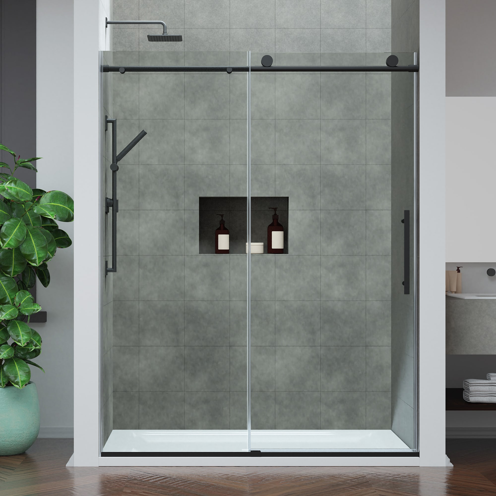 ANZZI Mountain Matte Black 60-in W x 76-in H Frameless Clear Glass