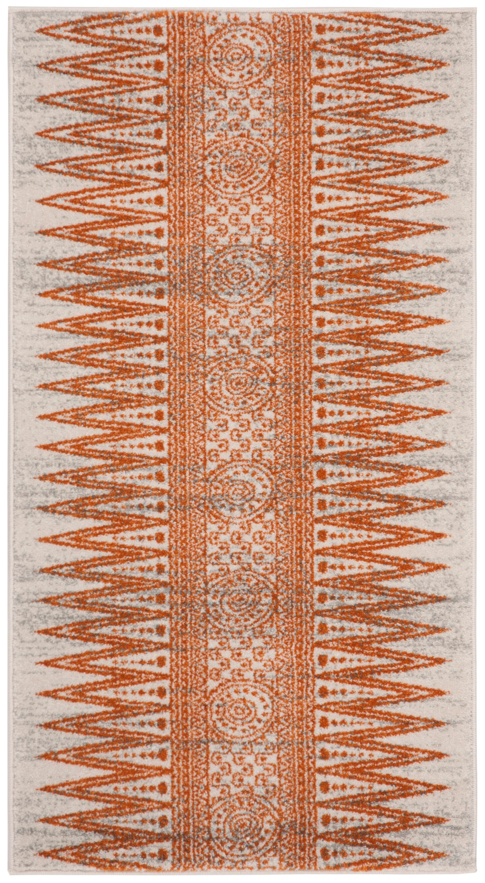 Ivory and Orange High Pile Synthetic Area Rug