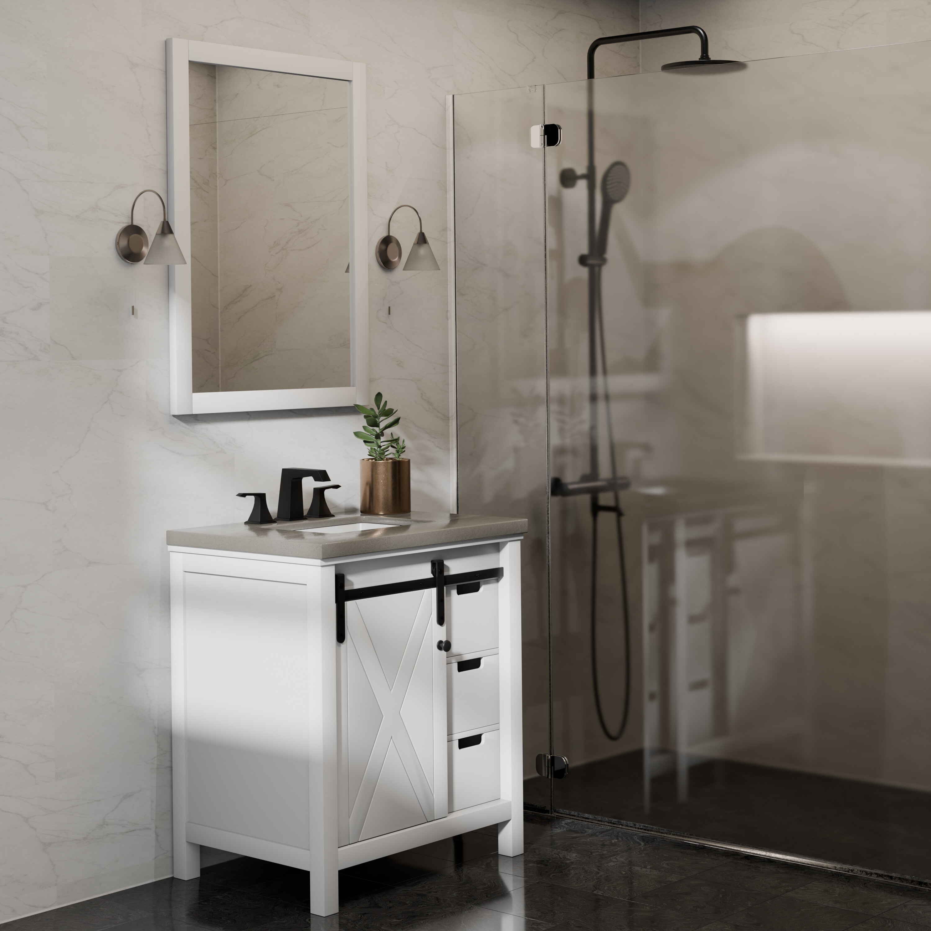 Lexora LM342230SA00M28 Marsyas 30-in White Bathroom Vanity Base Cabinet without Top (Mirror Included)