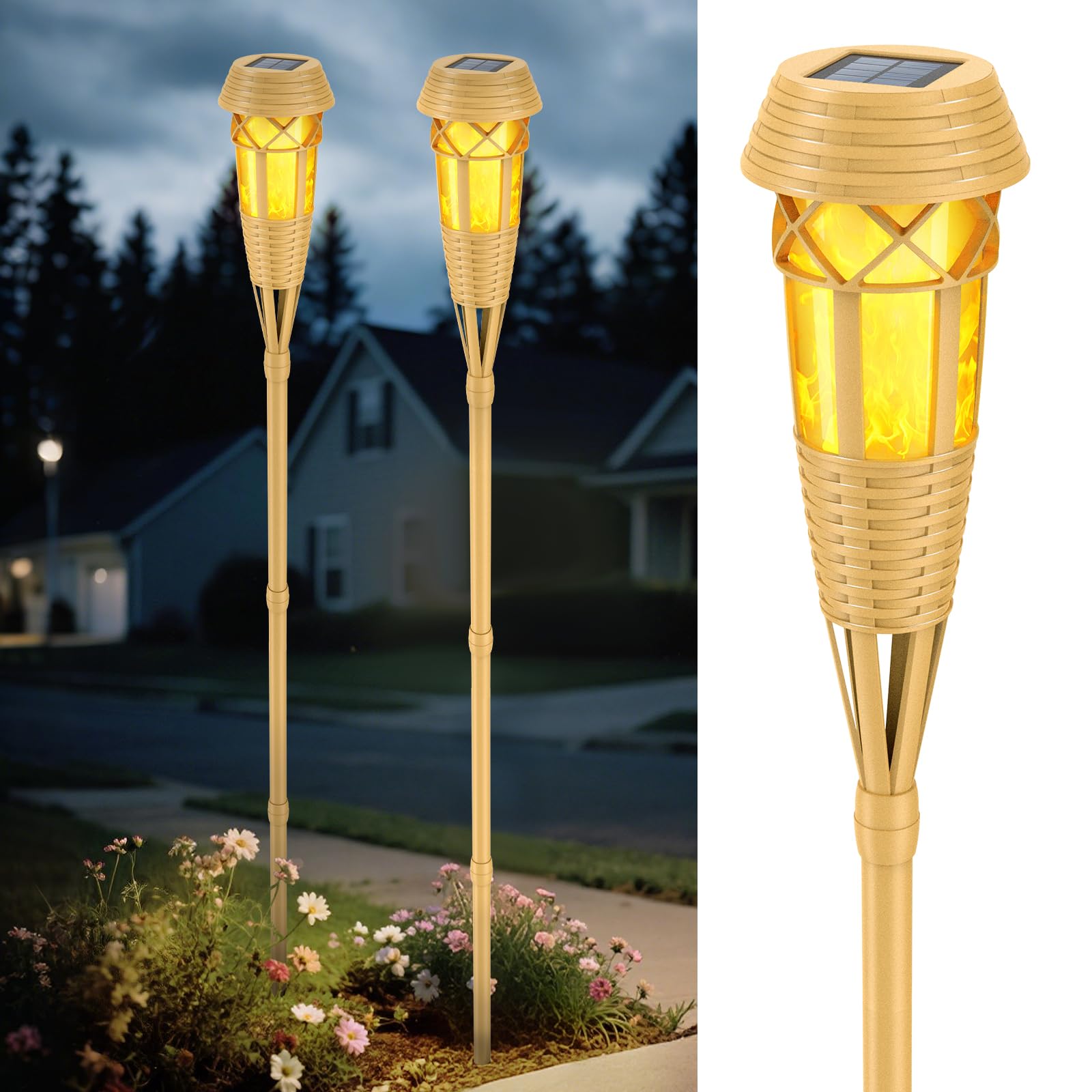 Phyfalip  Solar Outdoor Torch Lights with Flickering Flame Effect Adjustable Height Waterproof Garden Patio Pathway Lighting Set of Two