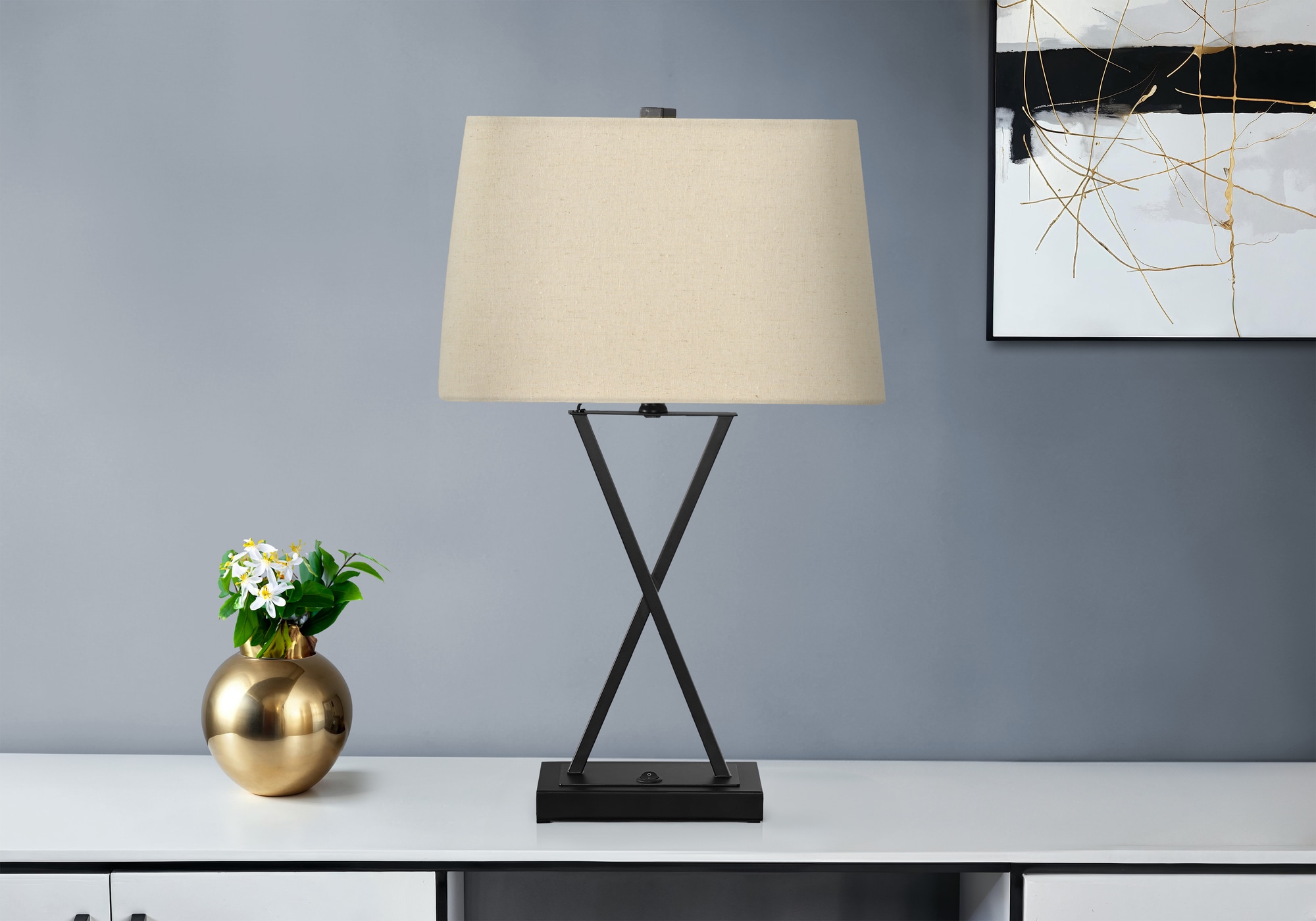 JUSHUA - Lighting 25 Inches H Table Lamp USB Port Included Black Metal Beige Shade Transitional