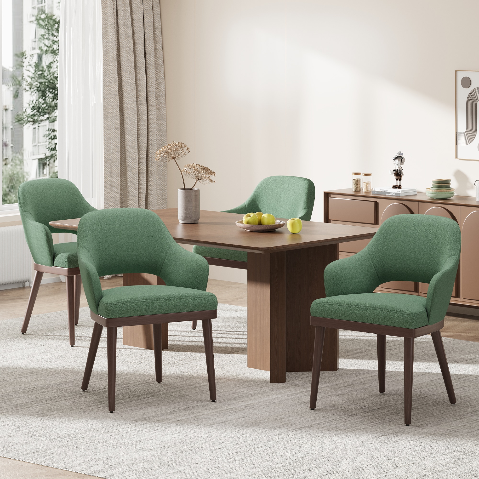 ViviHav - Set of 4 Modern Green Upholstered Dining Armchairs with Walnut Finished Legs