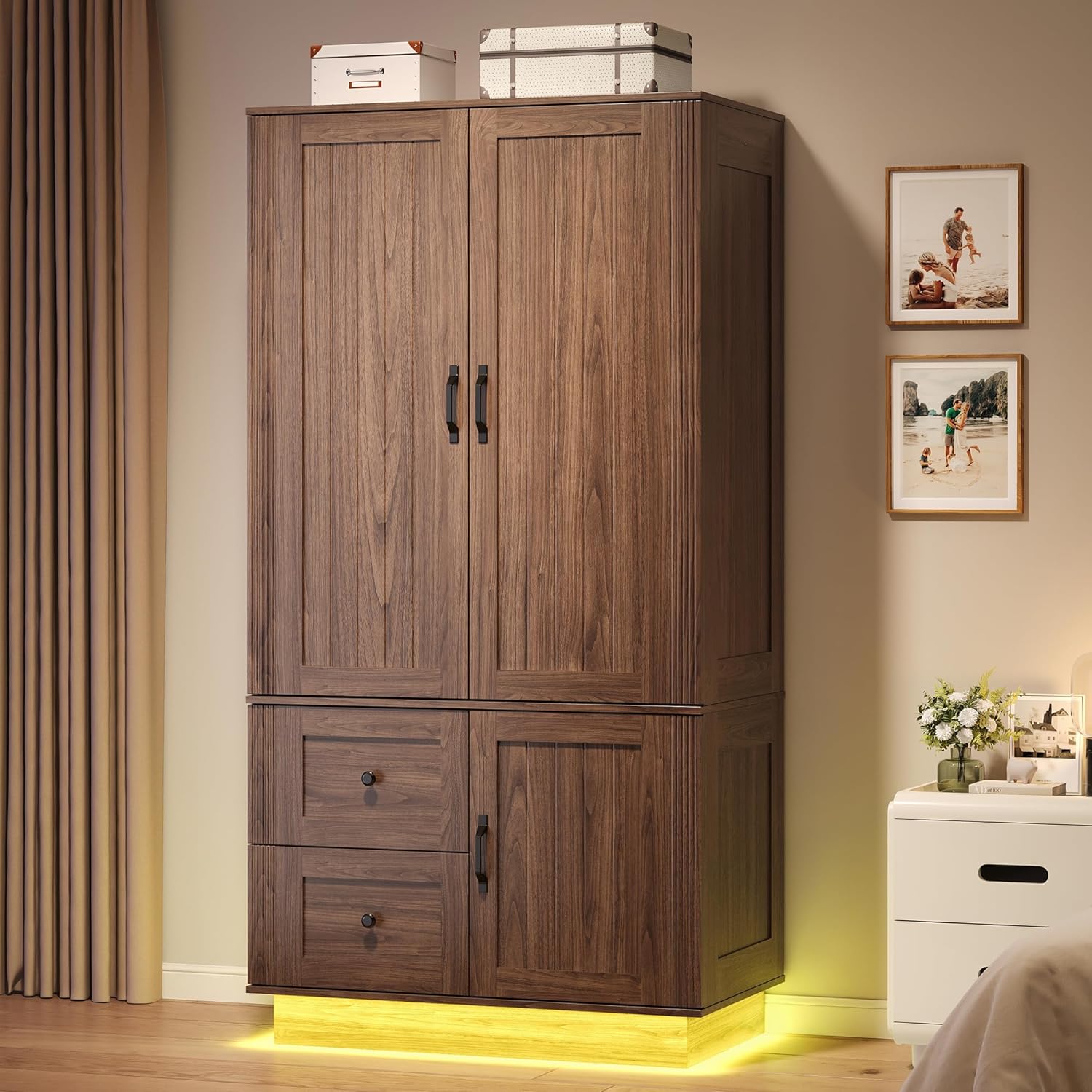Likimio BASVJNDOPU23XZML 32.68-in W Walnut 2 Drawers and 1 Cabinet Wardrobe with LED Lights and Hanging Rod