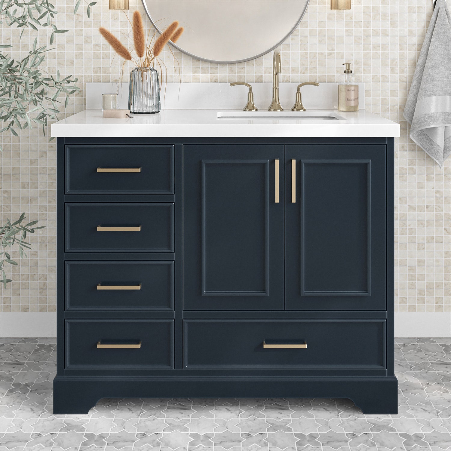 ARIEL M043SRWQRVOMNB Stafford 43-in Midnight Blue Undermount Single Sink Bathroom Vanity with Pure White Quartz Quartz Top