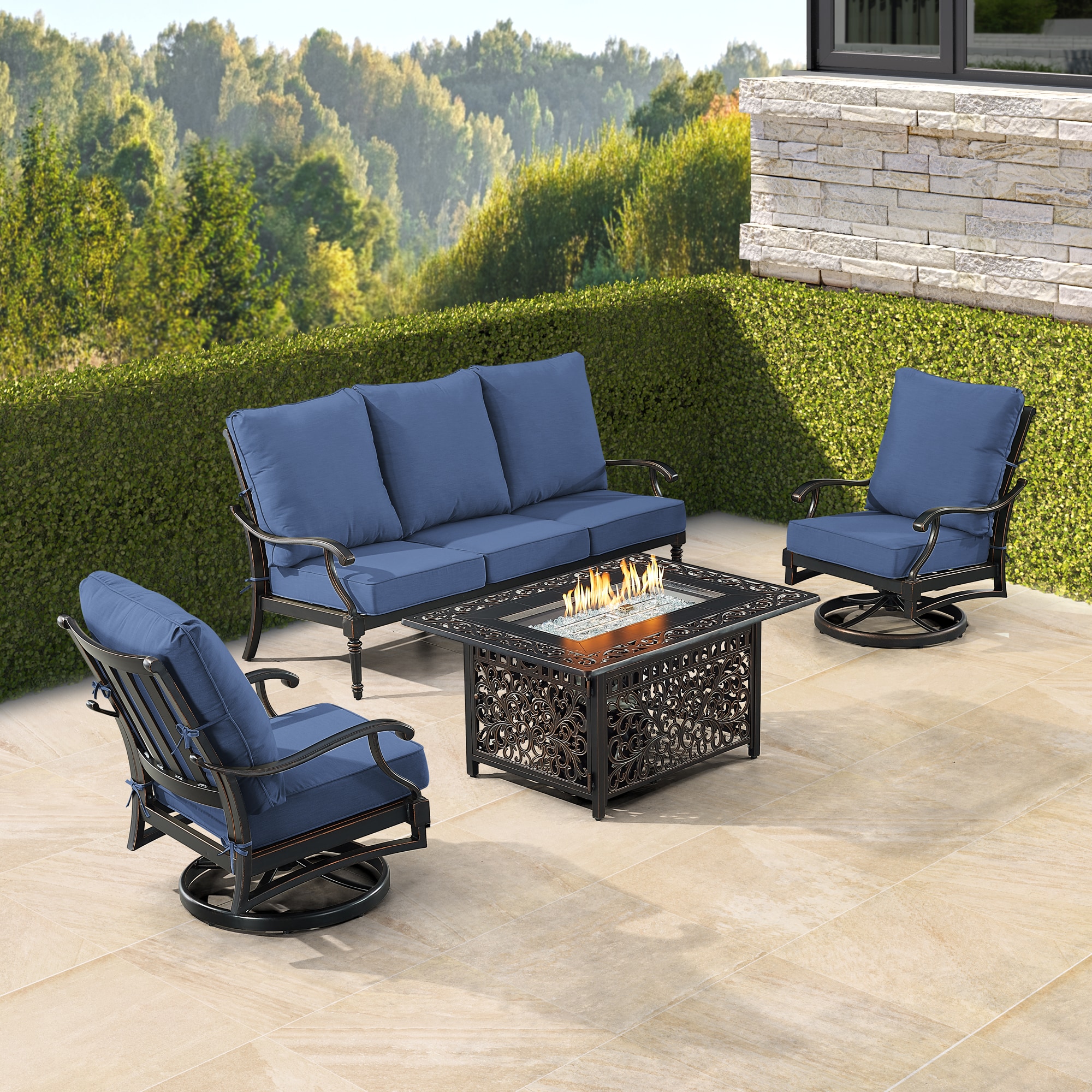 Oakland Living SHACO1SF2CHCABOSBLCU Fire Pit Table Set, Sofa and Two Lounge Chairs 15 -Piece Patio Sofa Conversation Set with Blue Cushions