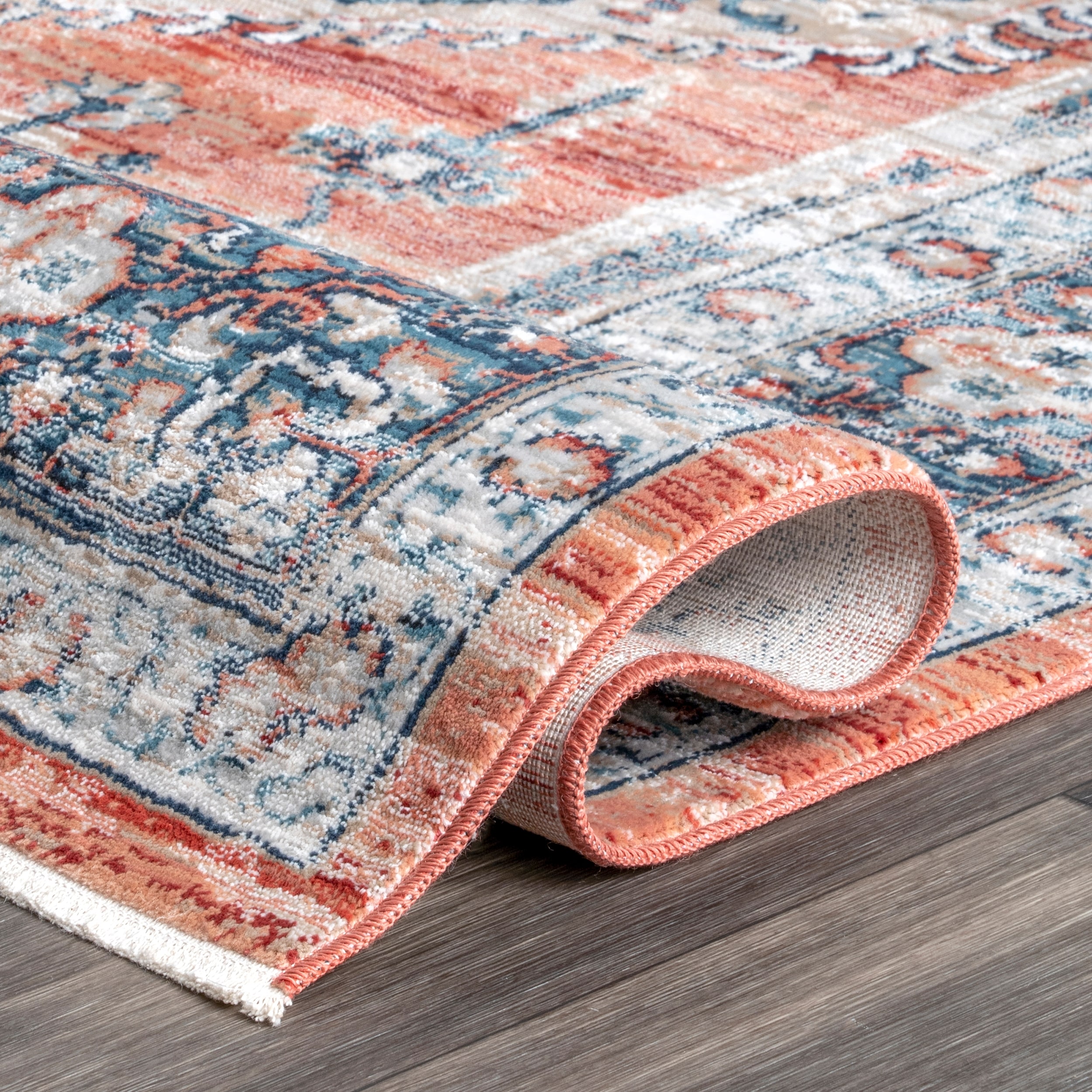 Zara Blue and Rust Synthetic Oval Medallion Area Rug 5' x 8'