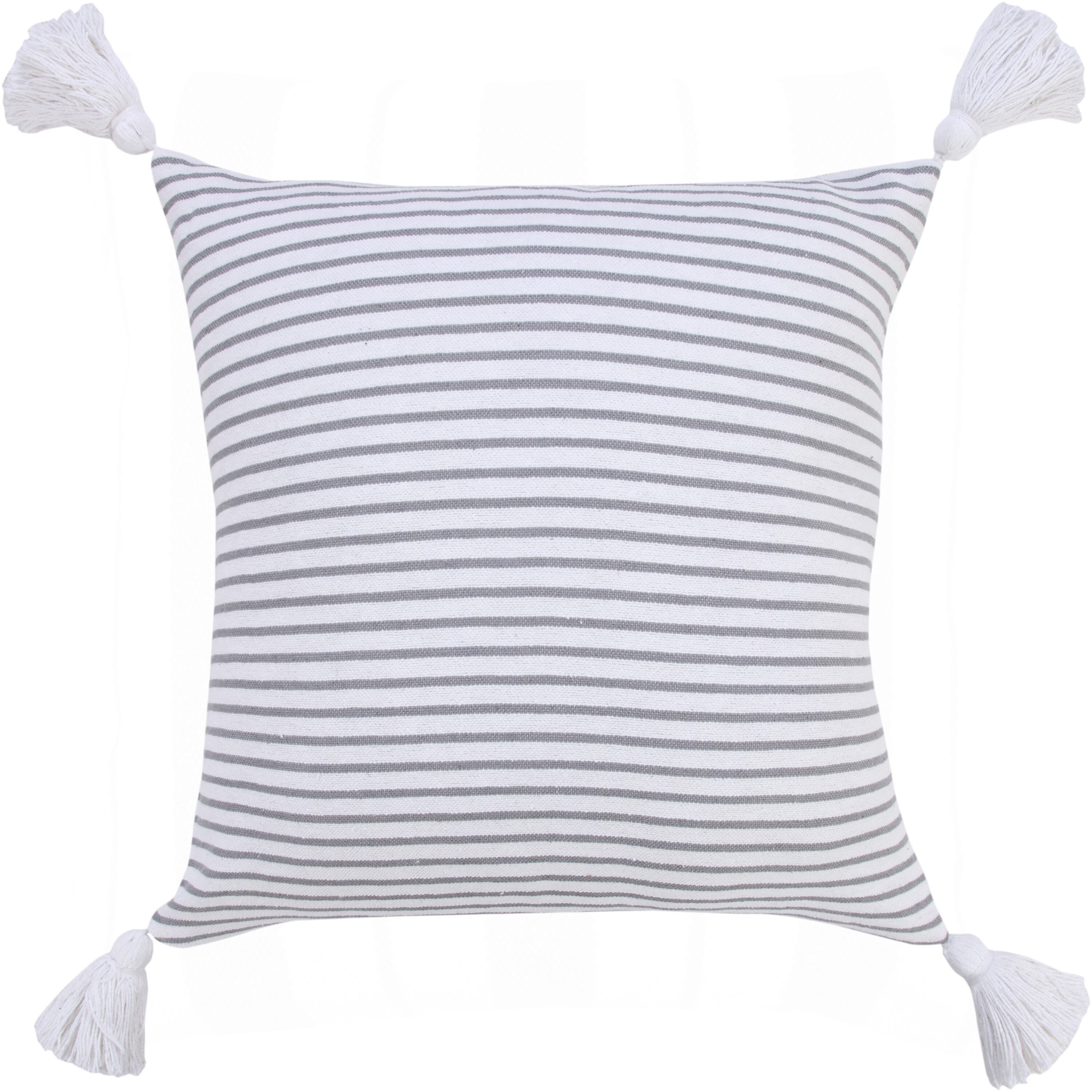 Gray and White Striped Cotton Square Throw Pillow with Tassels