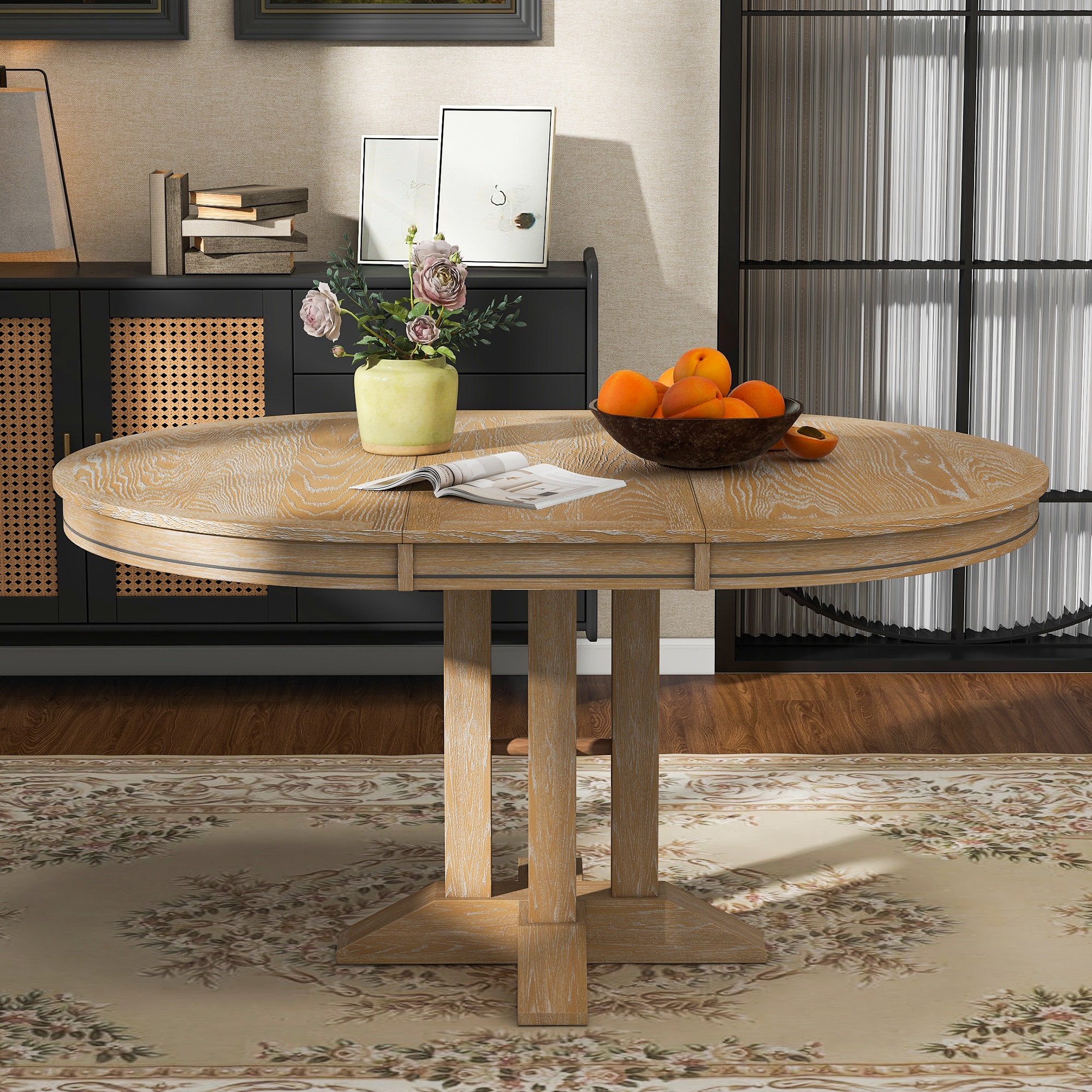 ModernLuxe WF305980AAE Farmhouse Dining Table Extendable Round Table for Kitchen Dining RoomNatural Wood Wash