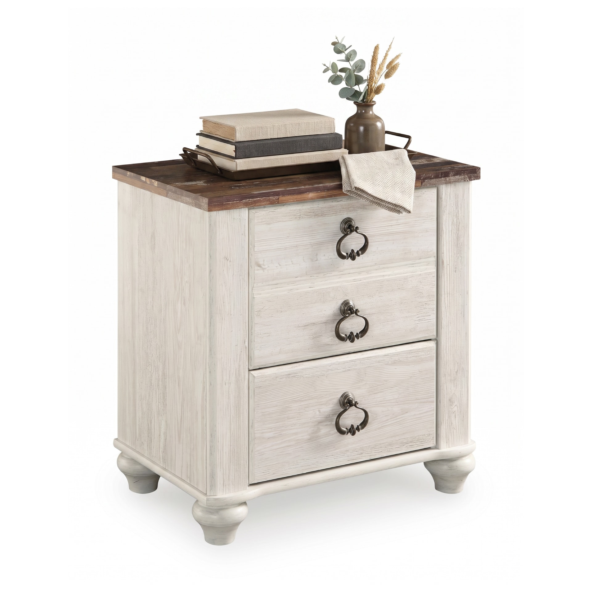 Signature Design by Ashley - Willowton Whitewash Nightstand with USB Charging Ports and Worn Pain...