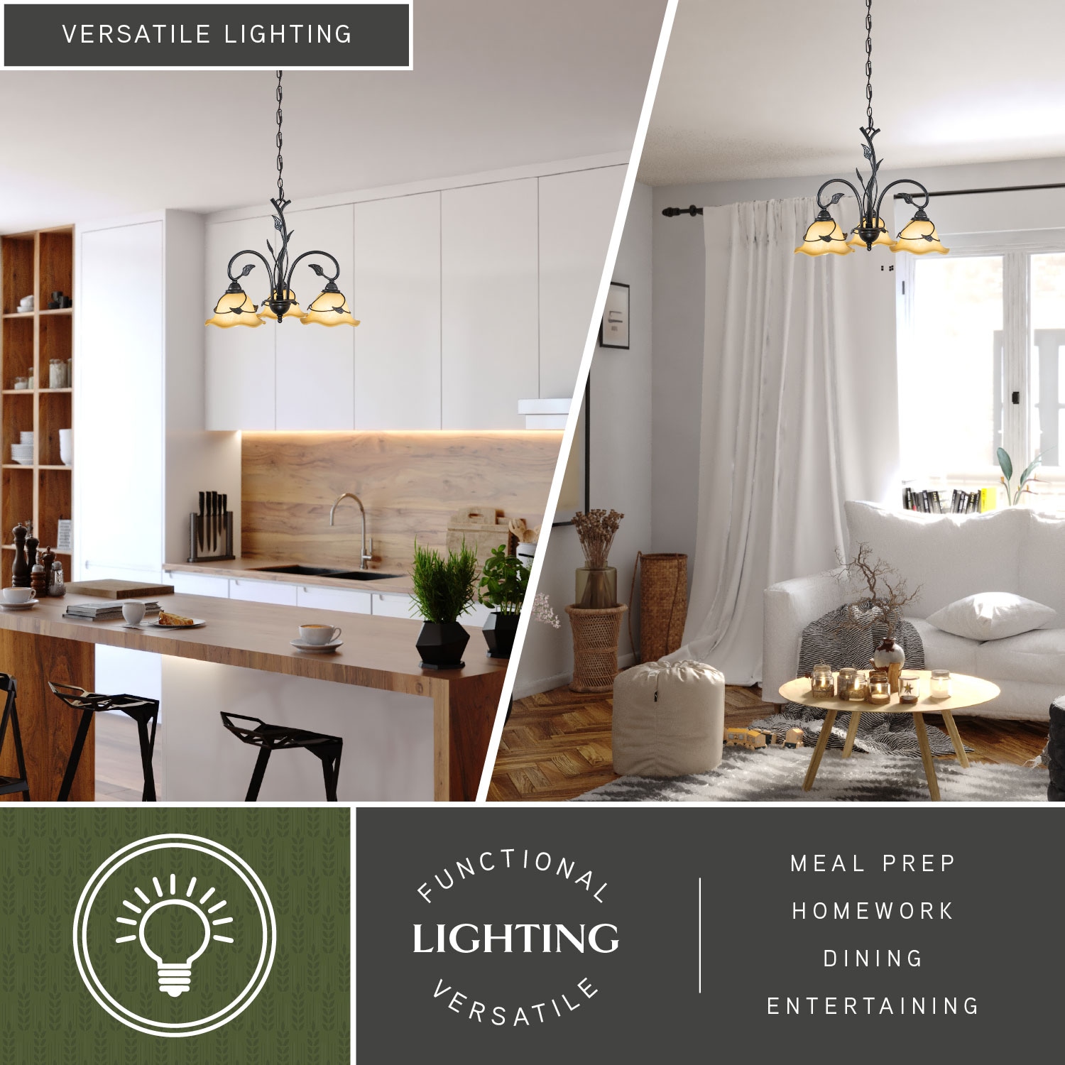 Vine Black Steel 3-Light Chandelier with Amber Glass Shades