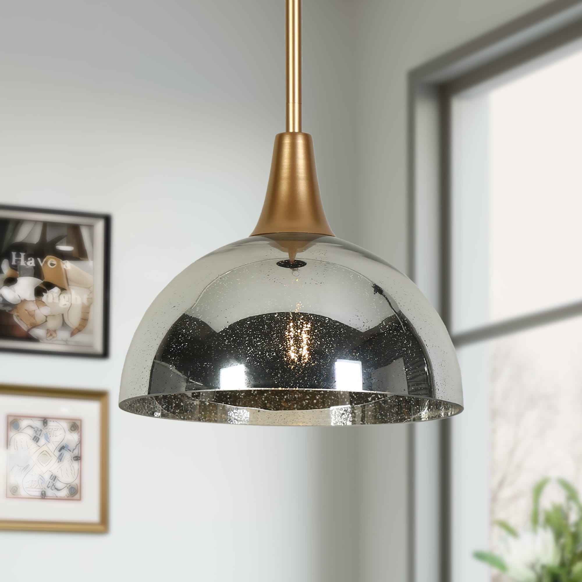 ZEVNI L3IQJMQ3W5302SF9 Gleamlux 1 -Light Matte Black and Brass Gold Chandelier for Dining Industrial Mercury glass Dome Medium Hanging Kitchen island light