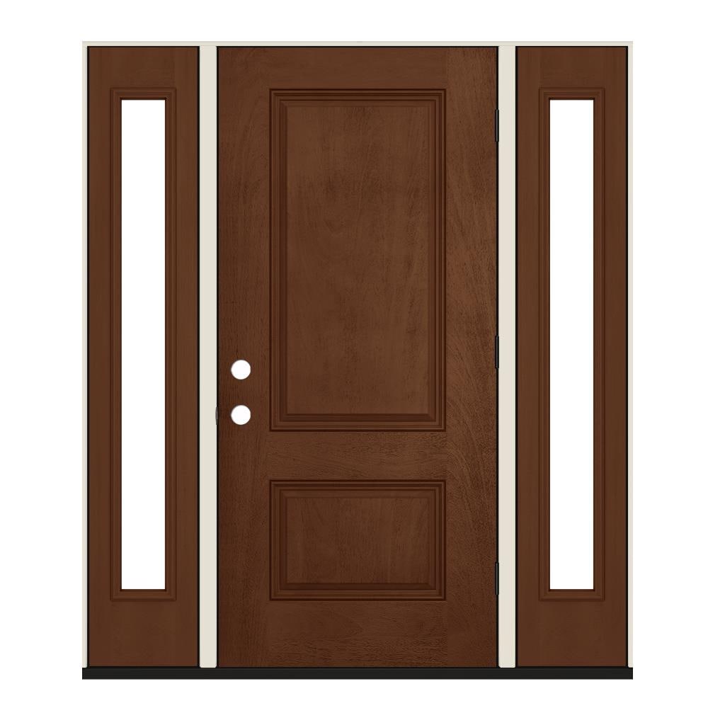 JELD-WEN LOWOLJW231600044 64-in x 80-in Fiberglass Left-Hand Outswing Milk Chocolate Stained Prehung Single Front Door with Sidelights Insulating Core