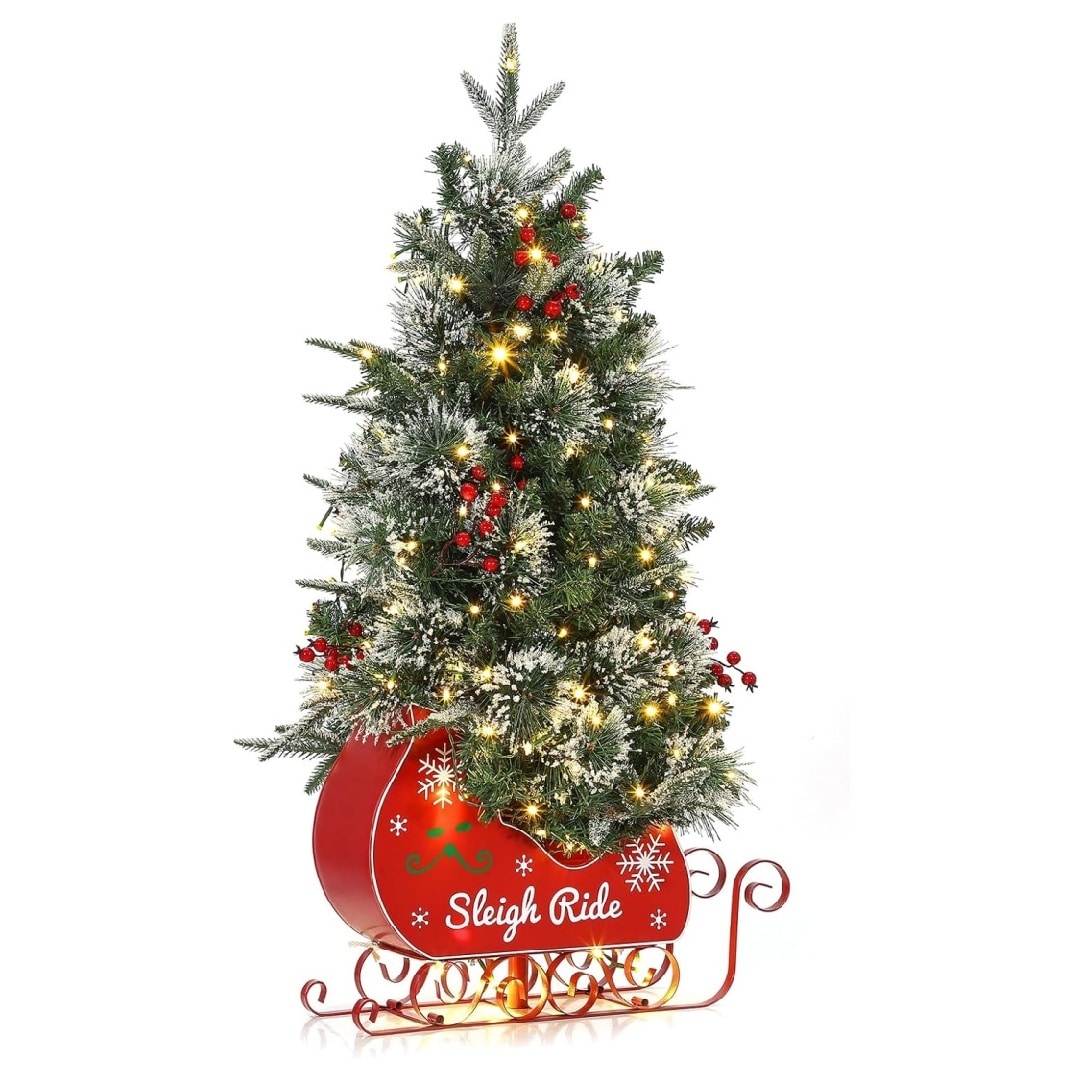 Garvee 3 ft Pre-Lit Artificial Mini Christmas Tree | 78 Warm White Lights, Red Berries & Sleigh Base for Porch, Front Door, & Indoor Decor