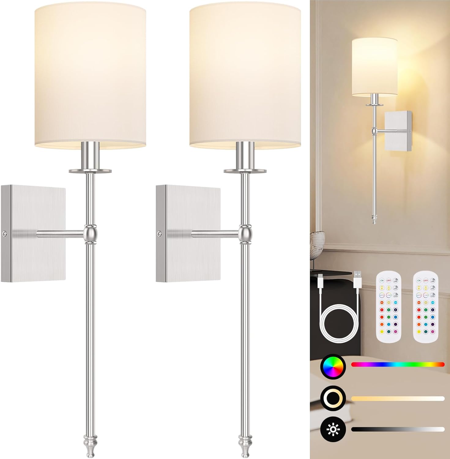 Nordic Hygge 27 Inch Battery Operated Wall Sconces Set of 2 with Remote Brushed Nickel Rechargeable Wireless Wall Lights with White Fabric Shade