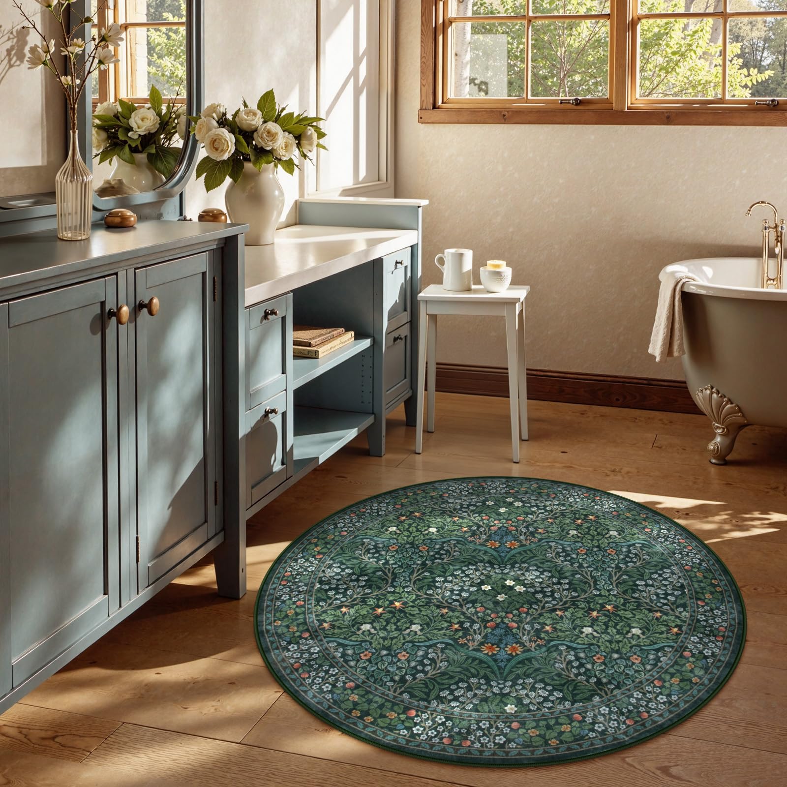 SenQWFa Floral Washable Round Rugs Non Slip Soft Round Rug 4ft Ultra ...