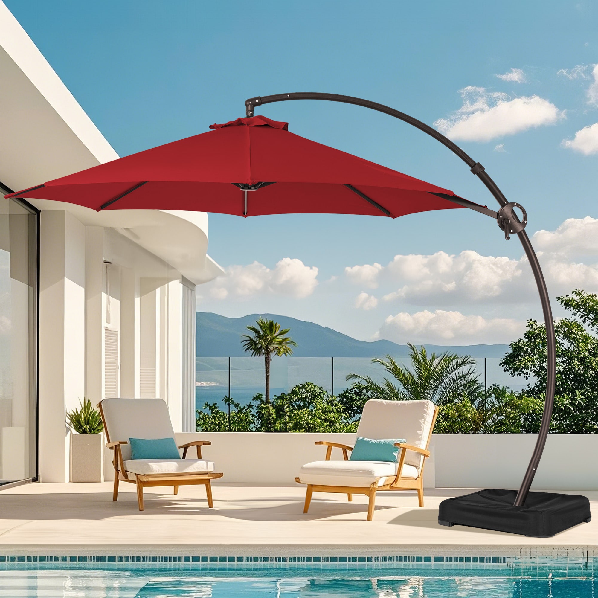 JEAREY JE-LKZLM-13FT-RD 10-ft Aluminum Red Crank Cantilever Patio Umbrella with Base