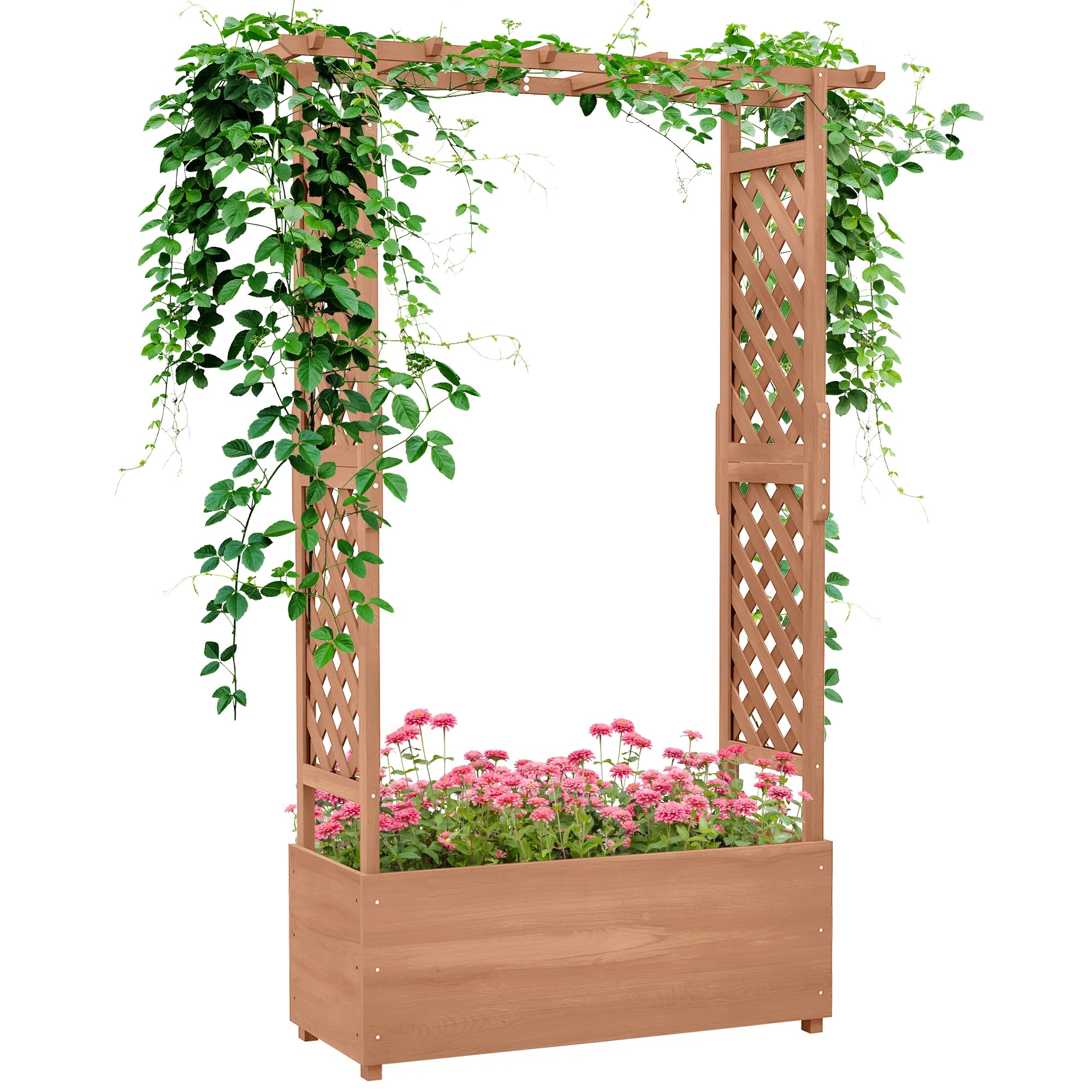 HyperDrop Cart - 70.75-in Tall Outdoor Wood Planter Box with Arch Trellis Drainage Hole and Fabri...