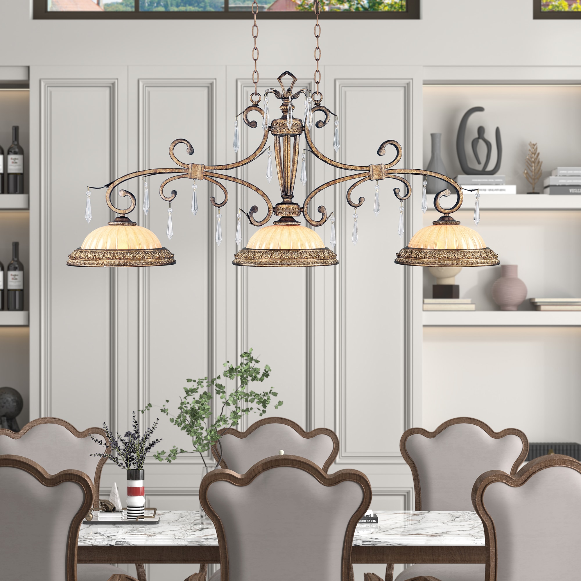 Vintage Gold Leaf 3-Light Crystal Island Chandelier
