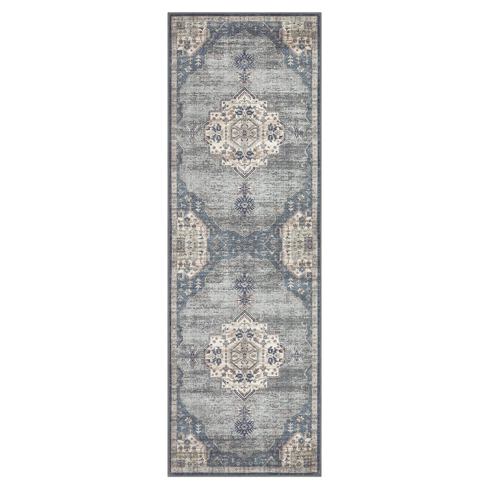 Qeetex LSN-PHO-16JYVGMU 2 x 6 ft Polyester Towel Pile Gray Blue Rectangular Hallway Bathroom Entryway Kitchen Office Foldable Flower Printed Persian Washable Area Rug