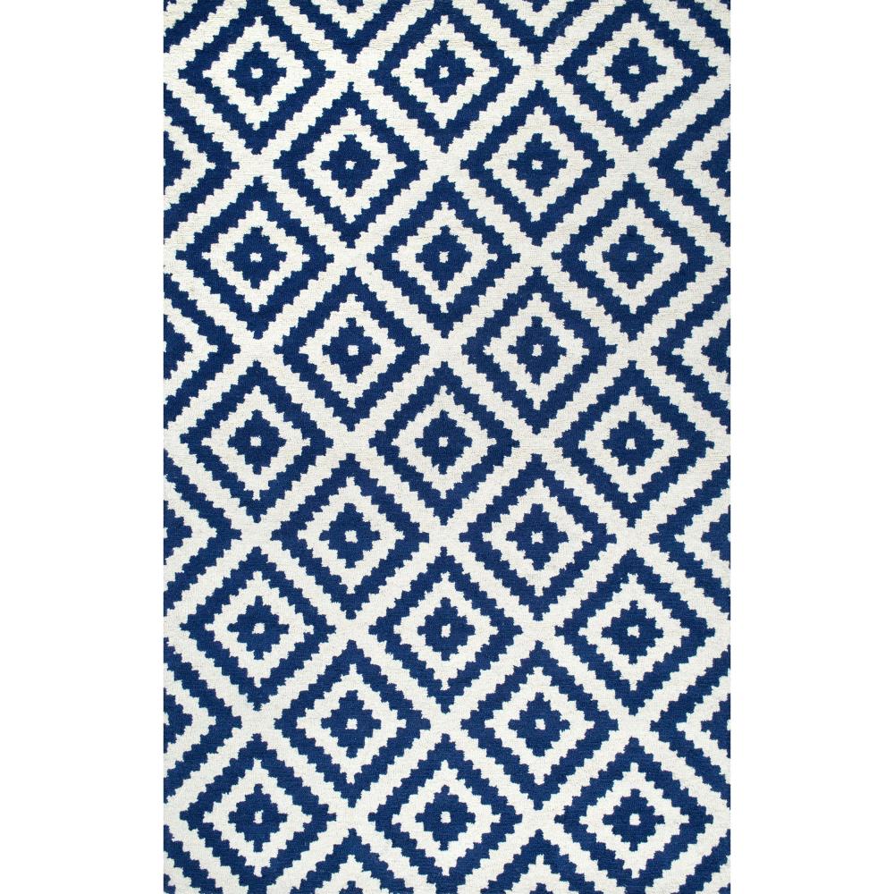 Handmade Navy and White Wool Geometric Oval Rug, 3' x 5'