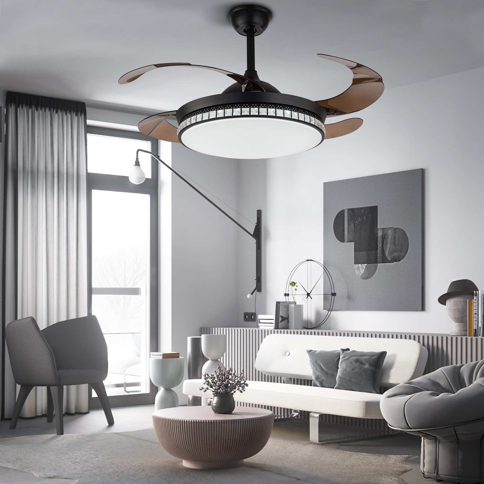 42-Inch Black Retractable Blade LED Chandelier Ceiling Fan