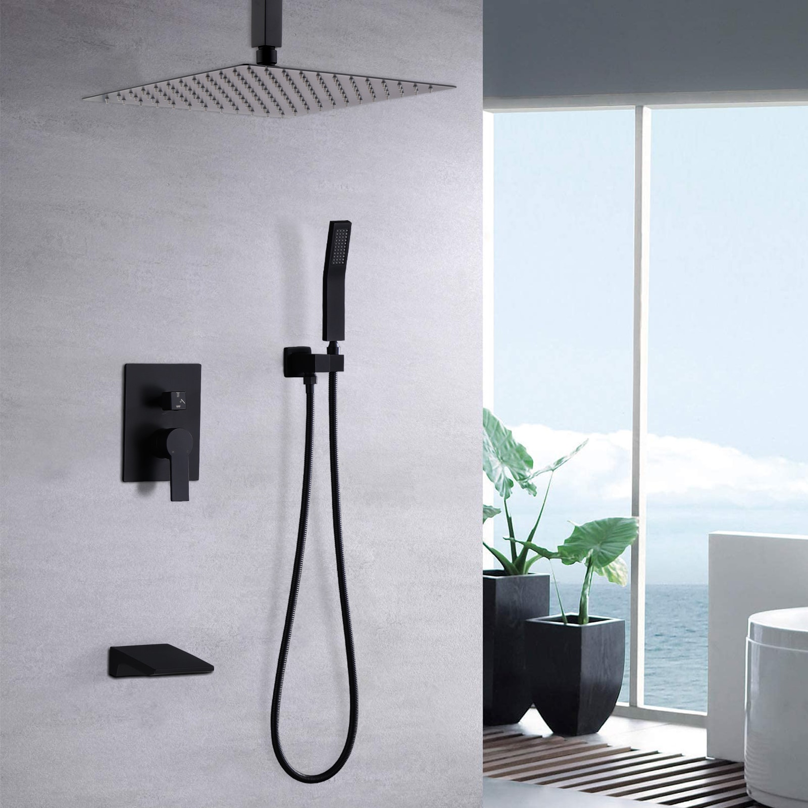 Tatayosi Matte Black Shower System  Wall Mount Shower Faucet Set for Bathroom 10 Inch High Pressure Luxury Shower Head with Handheld; Rough-in Valve Body and Trim Included