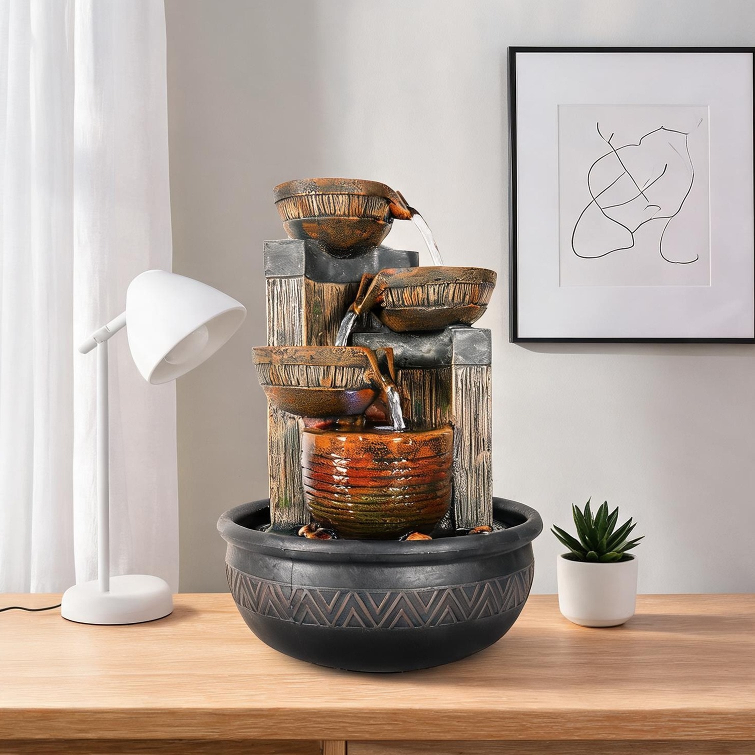 FlowLuxe - 15.7 in Fountain for Bedroom and Living Room in Brown Resin featuring Storage