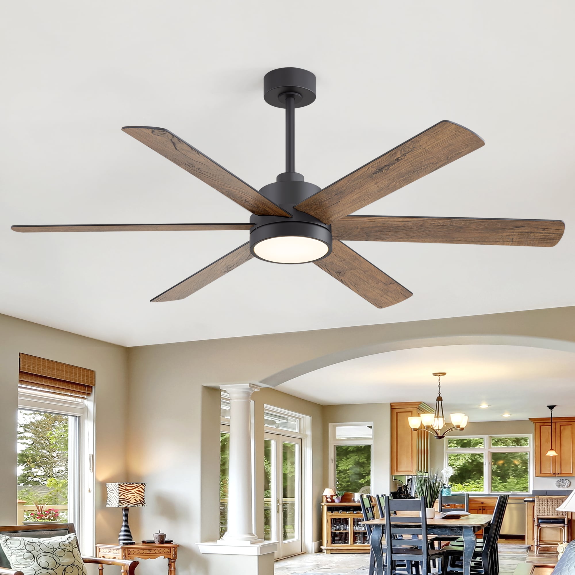 Breezary 32005-BK 60-in Color-Changing Integrated LED Black with Black and Dark Brown Blades Chandelier Ceiling Fan With Light 6 -Blade )