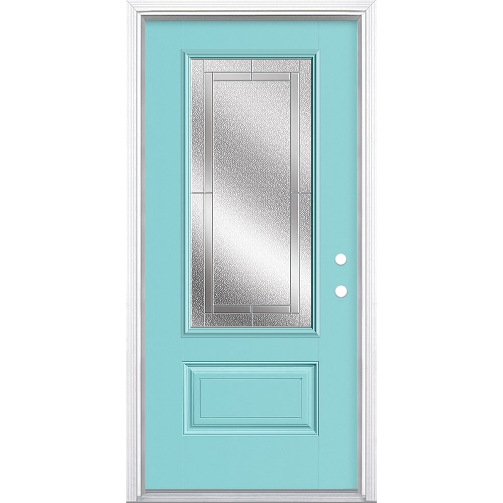 Masonite 3419875 Focus 36-in x 80-in x 4-9/16-in Fiberglass Full lite Left-hand inswing Caribbean Blue Painted Prehung Single door Front Door with Brickmould Insulating core Decorative glass