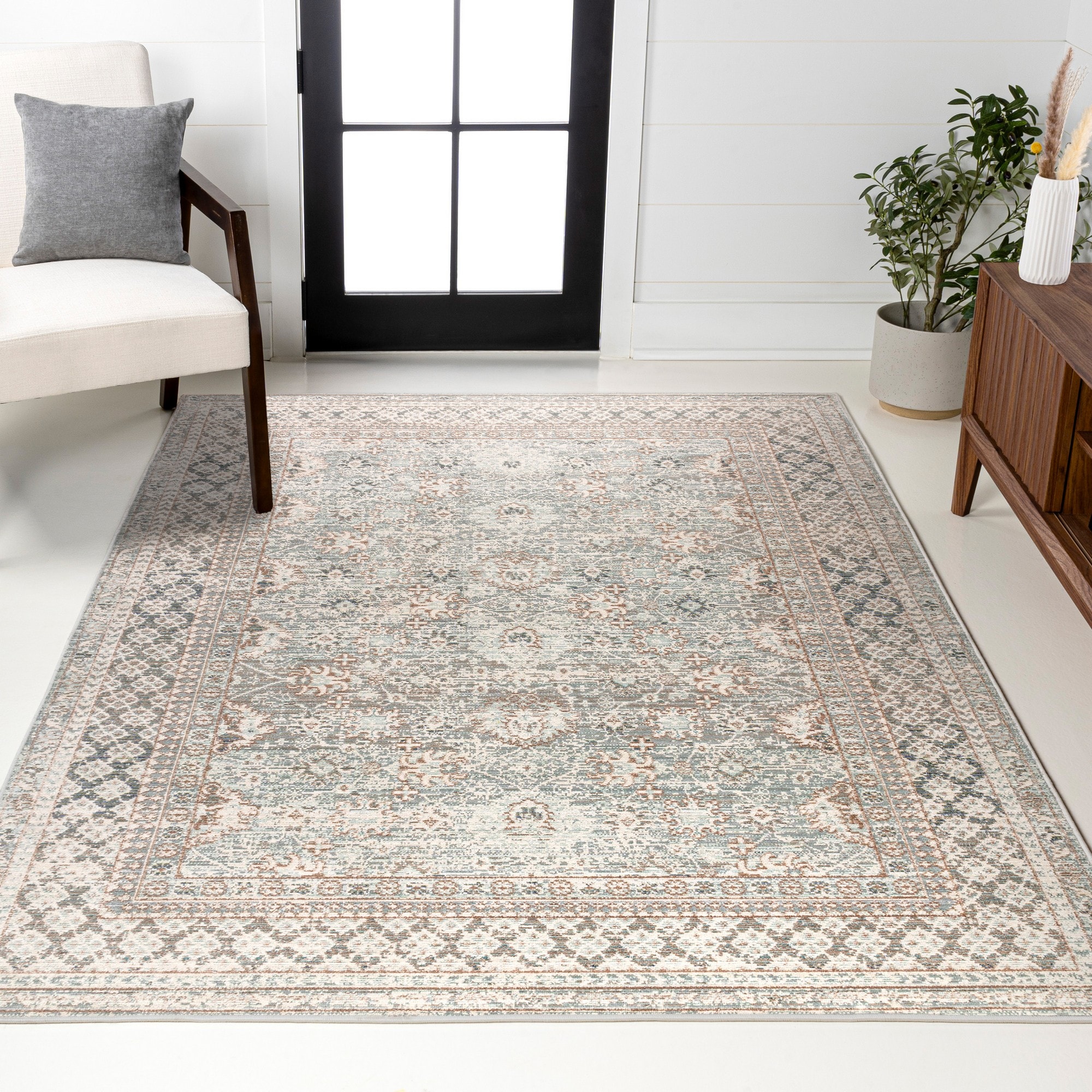 JONATHAN  Y SBC301C-5 Shabby Chic Stirling English Country Argyle 5 x 8 (ft) Loomed Polyester Light Blue/Ivory Rectangular Indoor Border Vintage Area rug