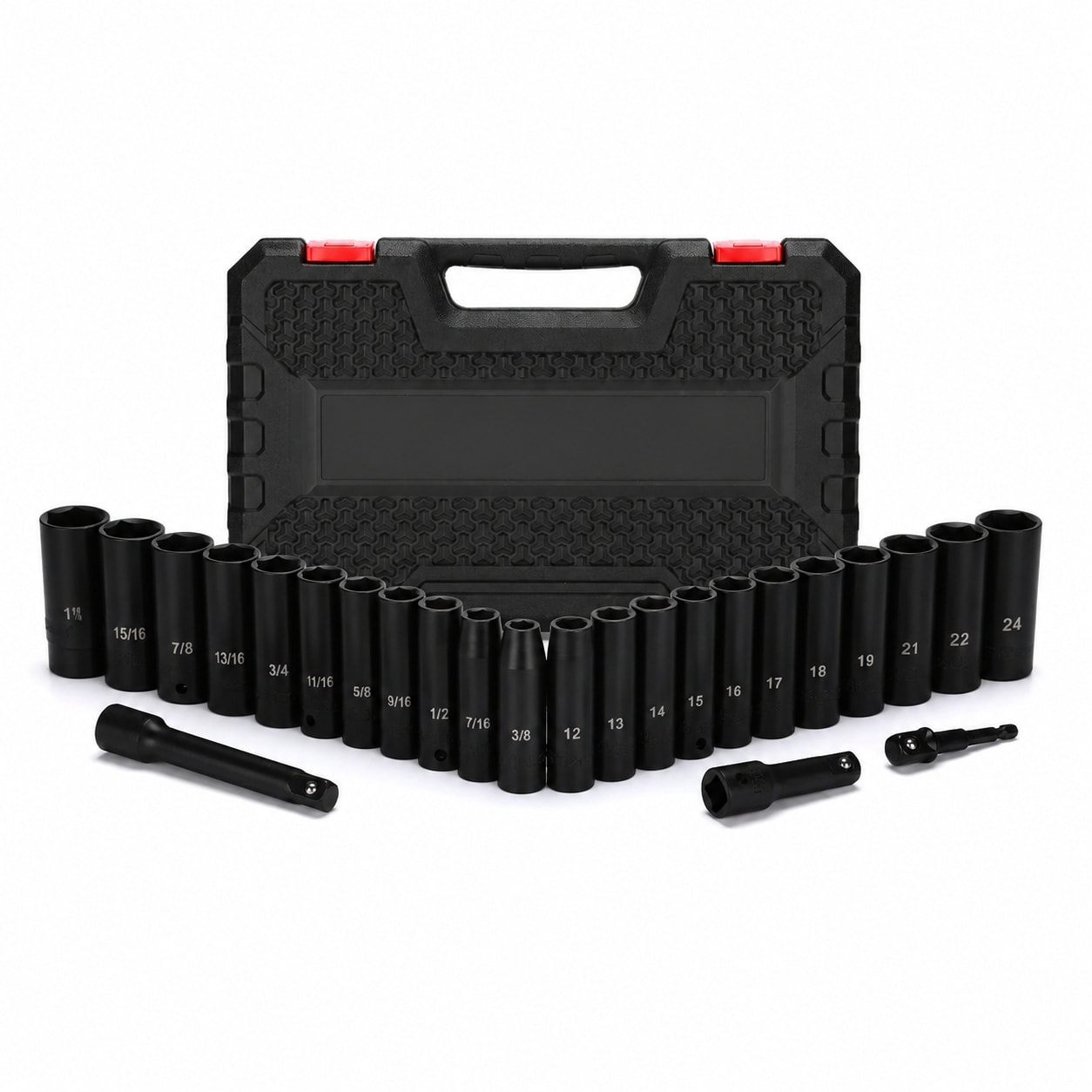 Phyfalip  25 Piece One Half Drive Impact Socket Set Deep CrV Steel 6 Point Metric and SAE Sizes with Extension Bars and Adapter