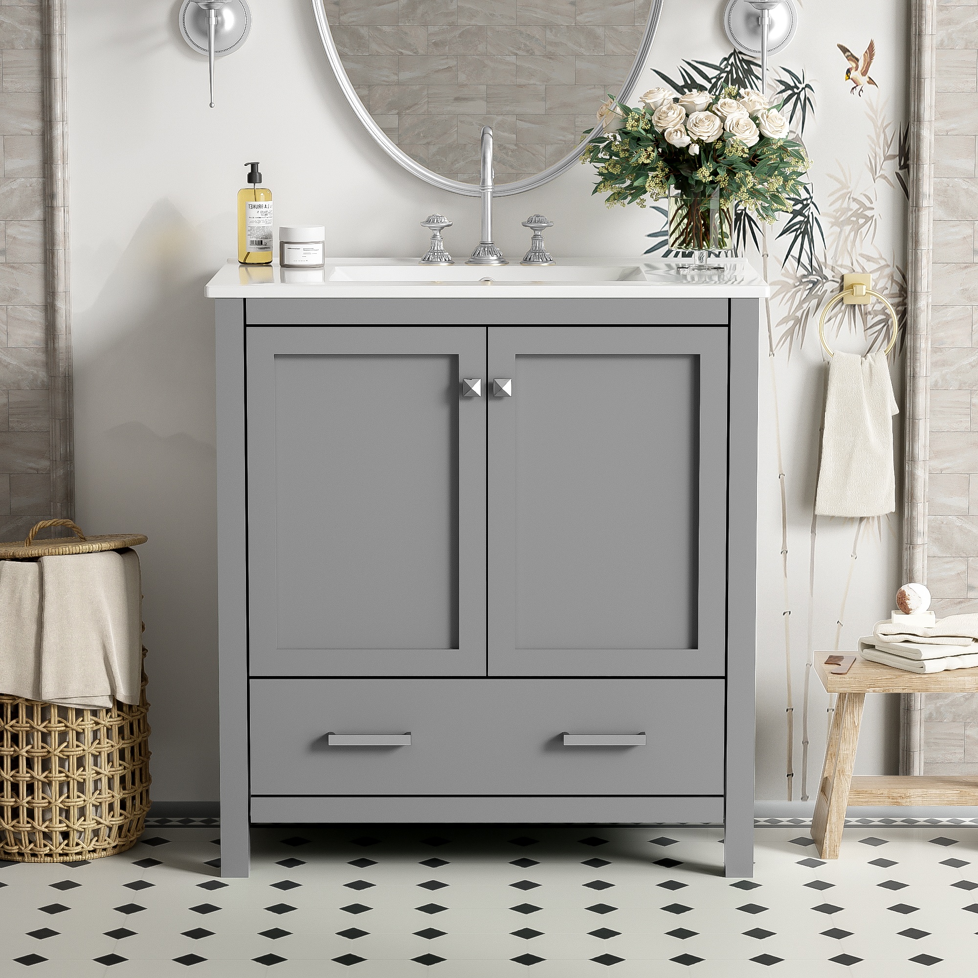 MooxvMoo 30-in Gray Bathroom Vanity with Single Sink Bathroom Storage Cabinet