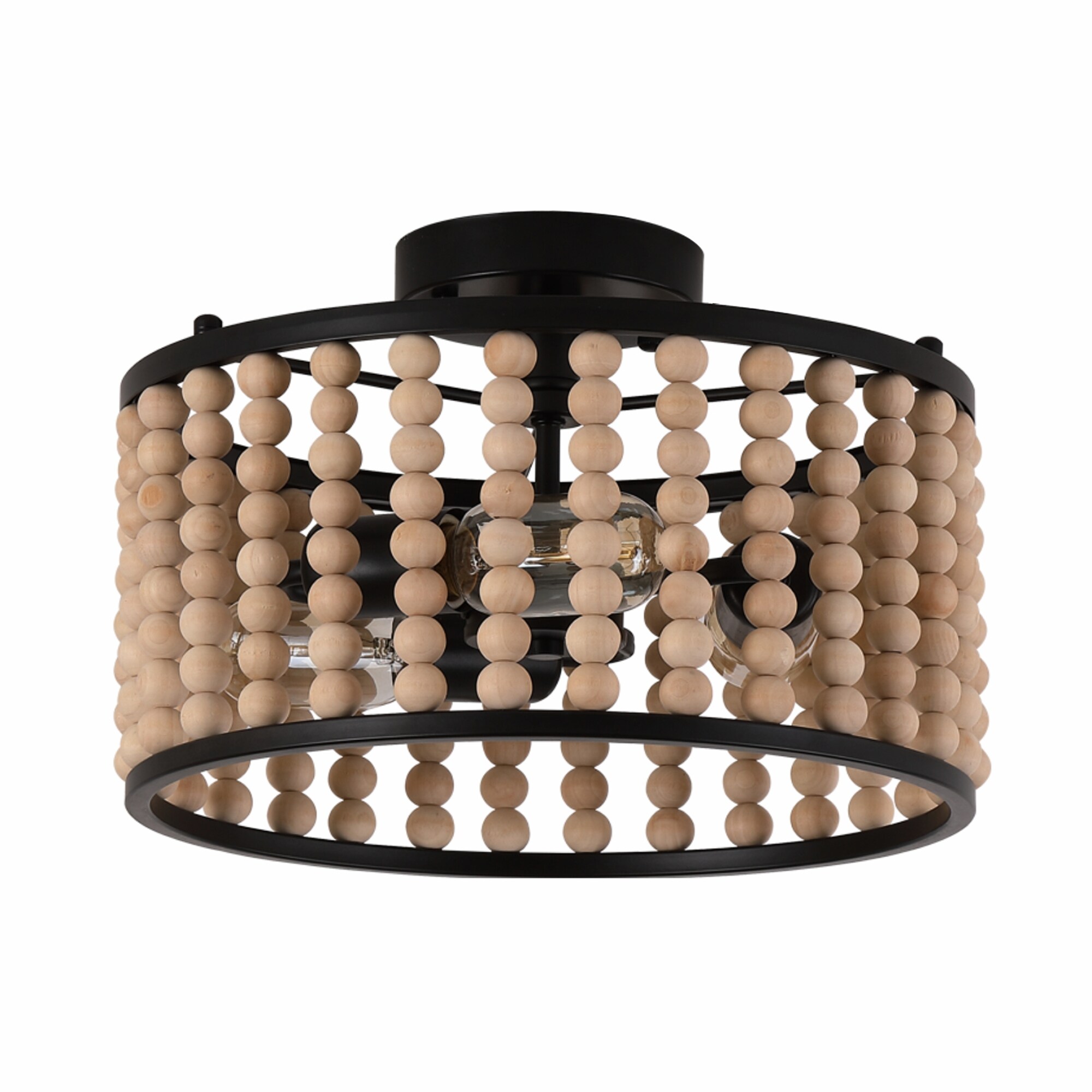 DAKAFUL Boho Farmhouse 13 in. 3-Light Black and Brown Wood Beaded Chandelier Semi Flush Mount Ceiling Light