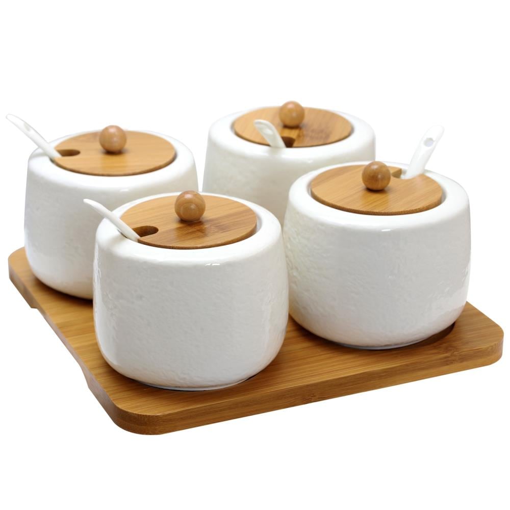 Ceramic Condiment Jar Pots 5 pcs Set durable Round Shape Seasoning Jar with  Holder,Spoon and Bamboo Lids for Home Kitchen