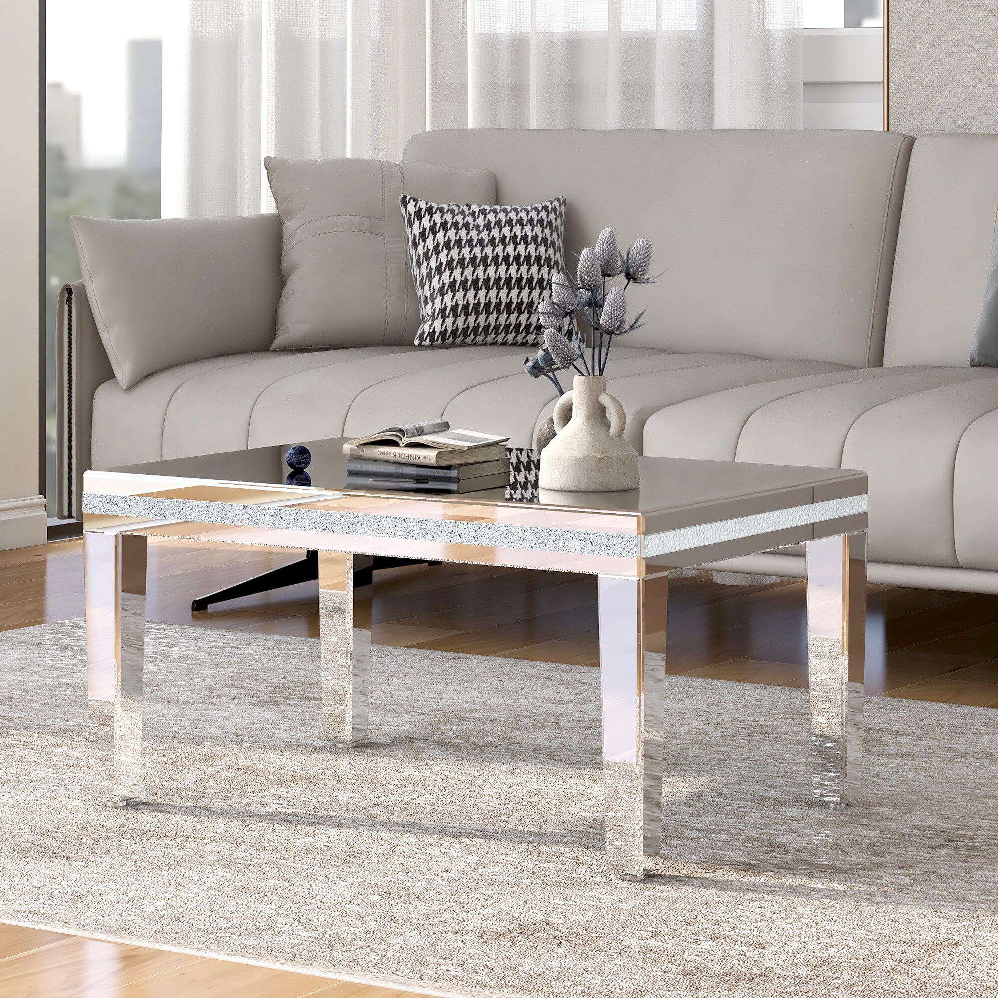 ModernLuxe WF296594AAN Fashionable Modern Glass Mirrored Coffee Table Easy Assembly Cocktail Table with Crystal Design and Adjustable Height Legs Silver
