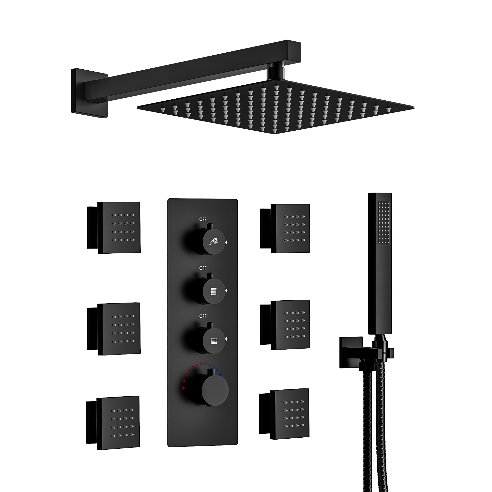 YAWWALK -  12 in Rainfall Shower System with 6 Body Jets and 3-Button Control Handheld Wand Therm...