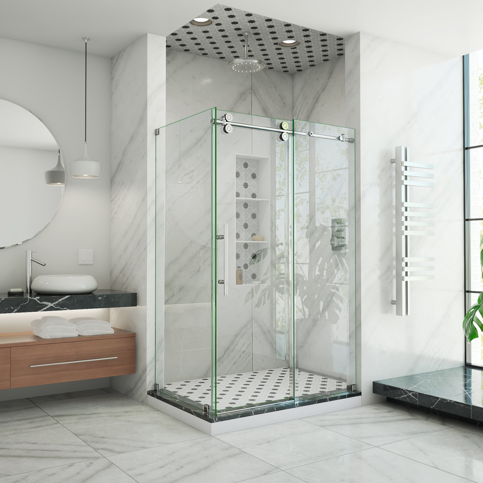 Sunny Shower Fully Frameless Sliding Shower Doors, 3/8 Clear Glass, 60 W  x 72 H Shower Enclosure, Brushed Stainless Steel 