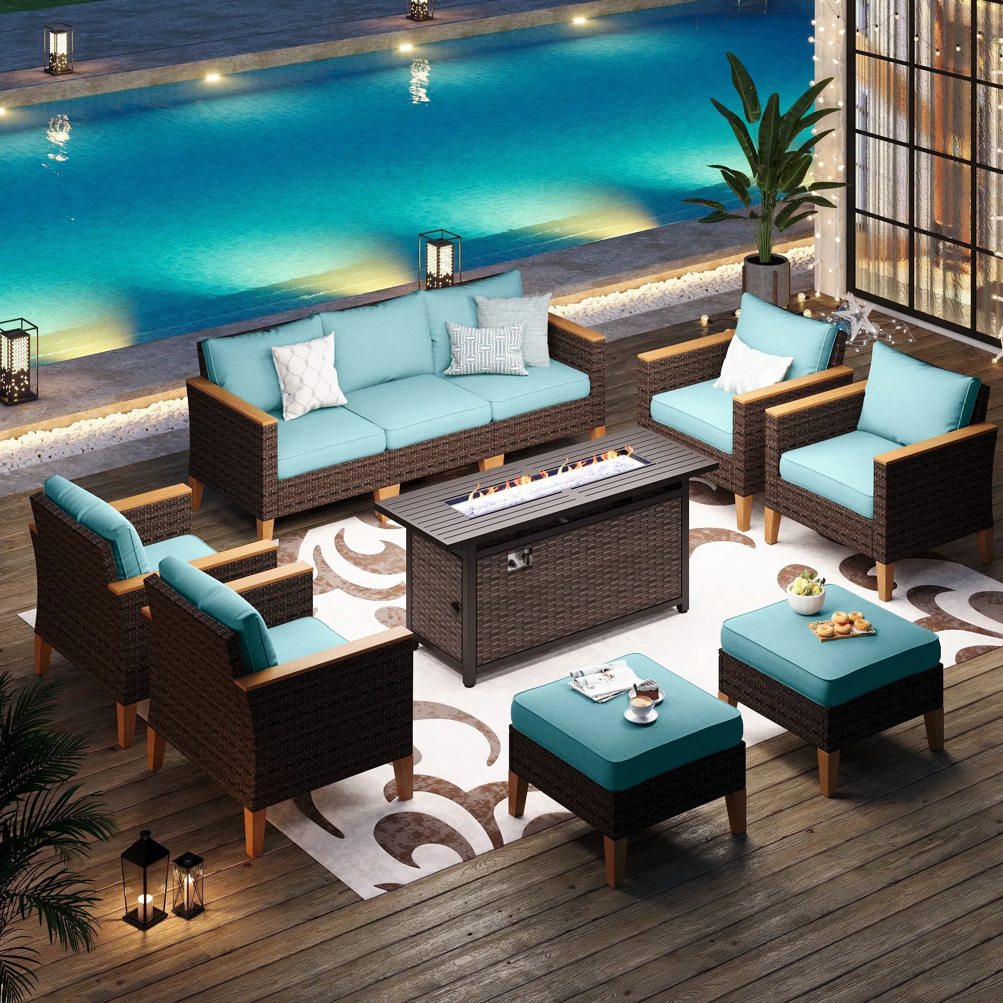 Sunshine Valley CR006-05-9-GS103-BU Patio Furniture Set with Fire Pit 10 -Piece Wicker Patio Conversation Set with Blue CUSHION PRO Cushions