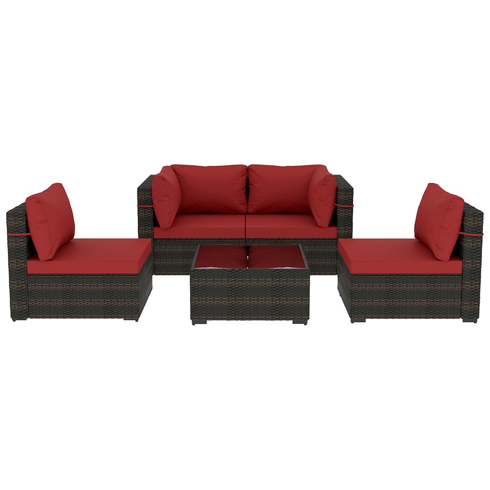 UPHA TBSF-AB-RED 5 -Piece Wicker Patio Sofa Conversation Set with Red Cushions