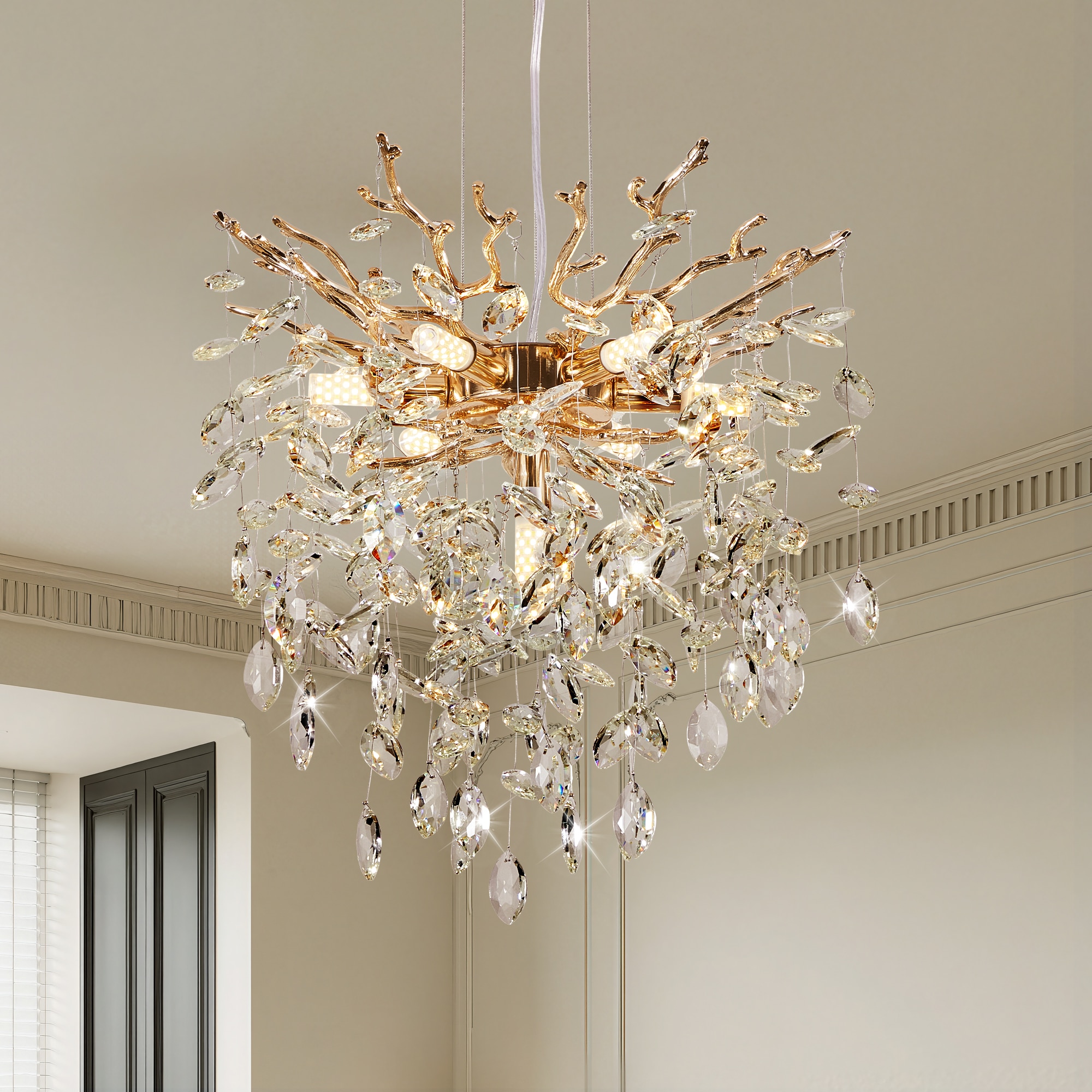 Zitrend 18-in Tree Branch Chandelier 7-Light Gold Compact Branching Canopy Glam Fixture for Dining Room Bedroom and Living Room Decorative Ceiling Lighting