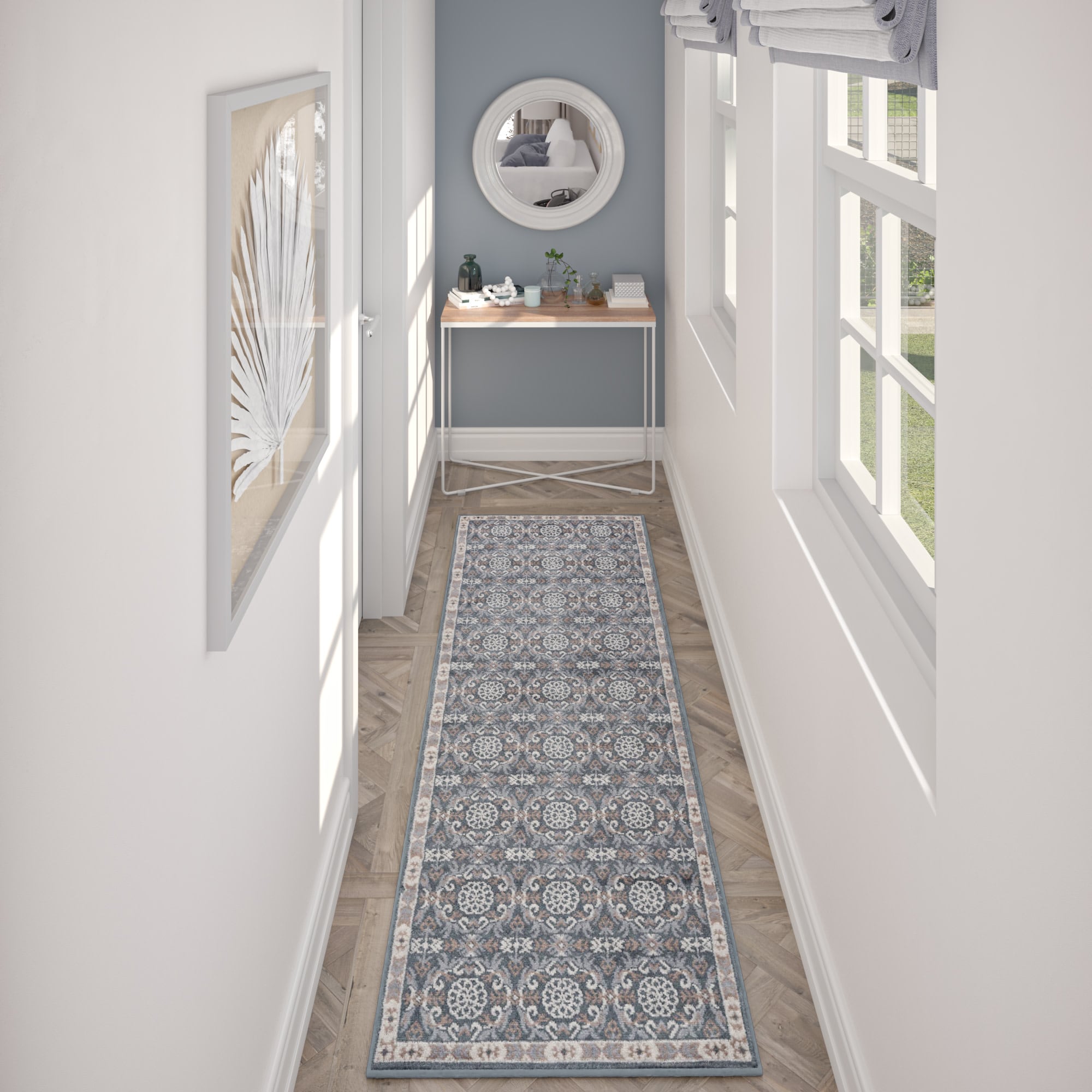 Tayse HMP3809 2X8 Hampton 2 x 8 (ft) Loomed Polypropylene Gray Rectangular Indoor Damask Farmhouse/Cottage Runner rug