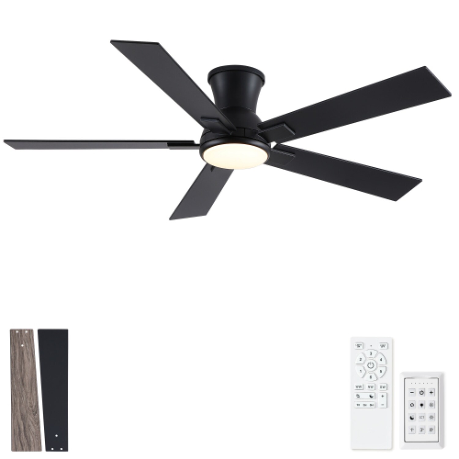 BBLLWJ 52 Inch Matte Black with Dual Sided Plywood Blades LED for Indoor Low Profile Flush Mount Ceiling Fan With Light and Remote Control Included 5 Blade