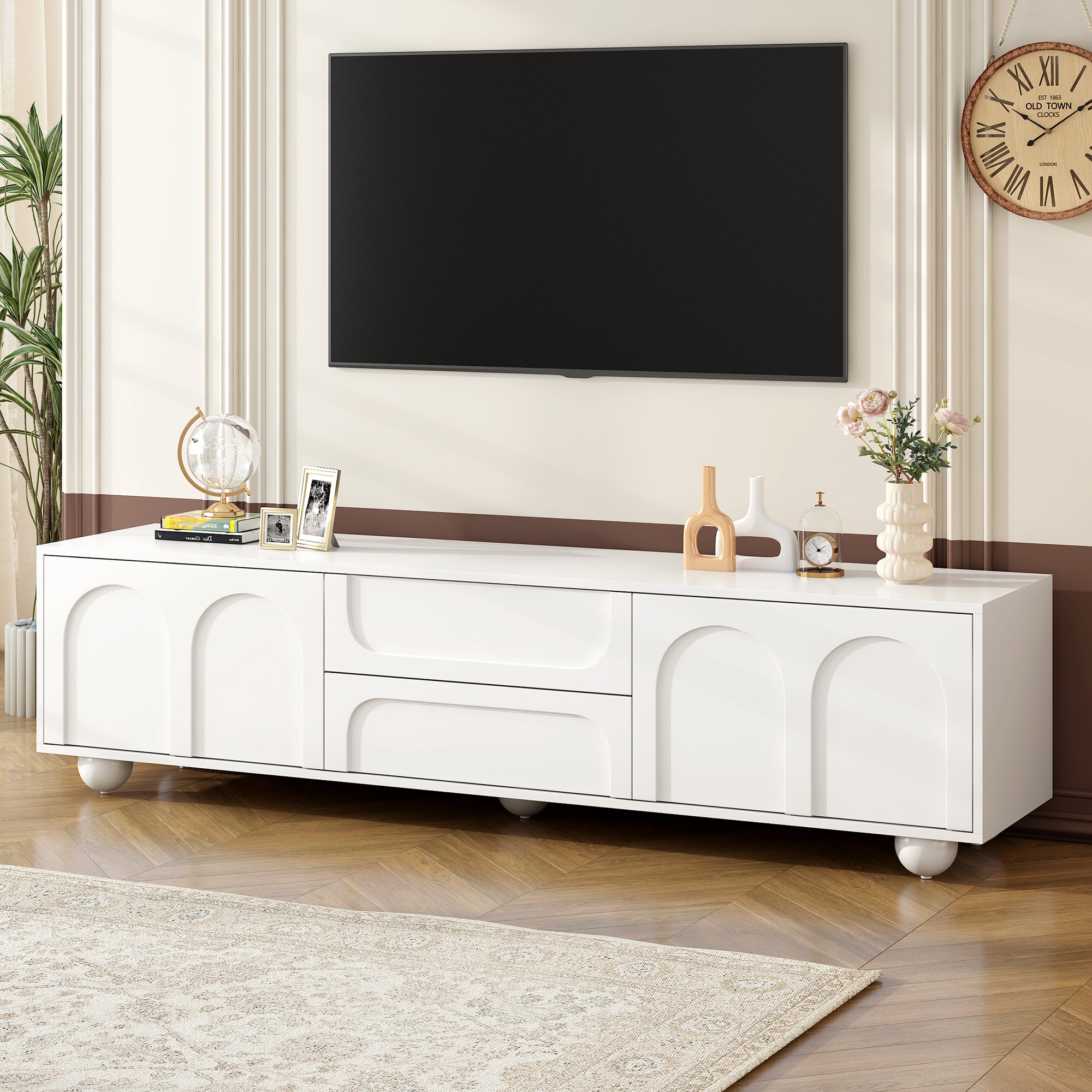 Tatayosi XH-P205779K 69 Inch Cream TV Stand with Arched Doors and Push Open Design for TVs Up to 75 Inches