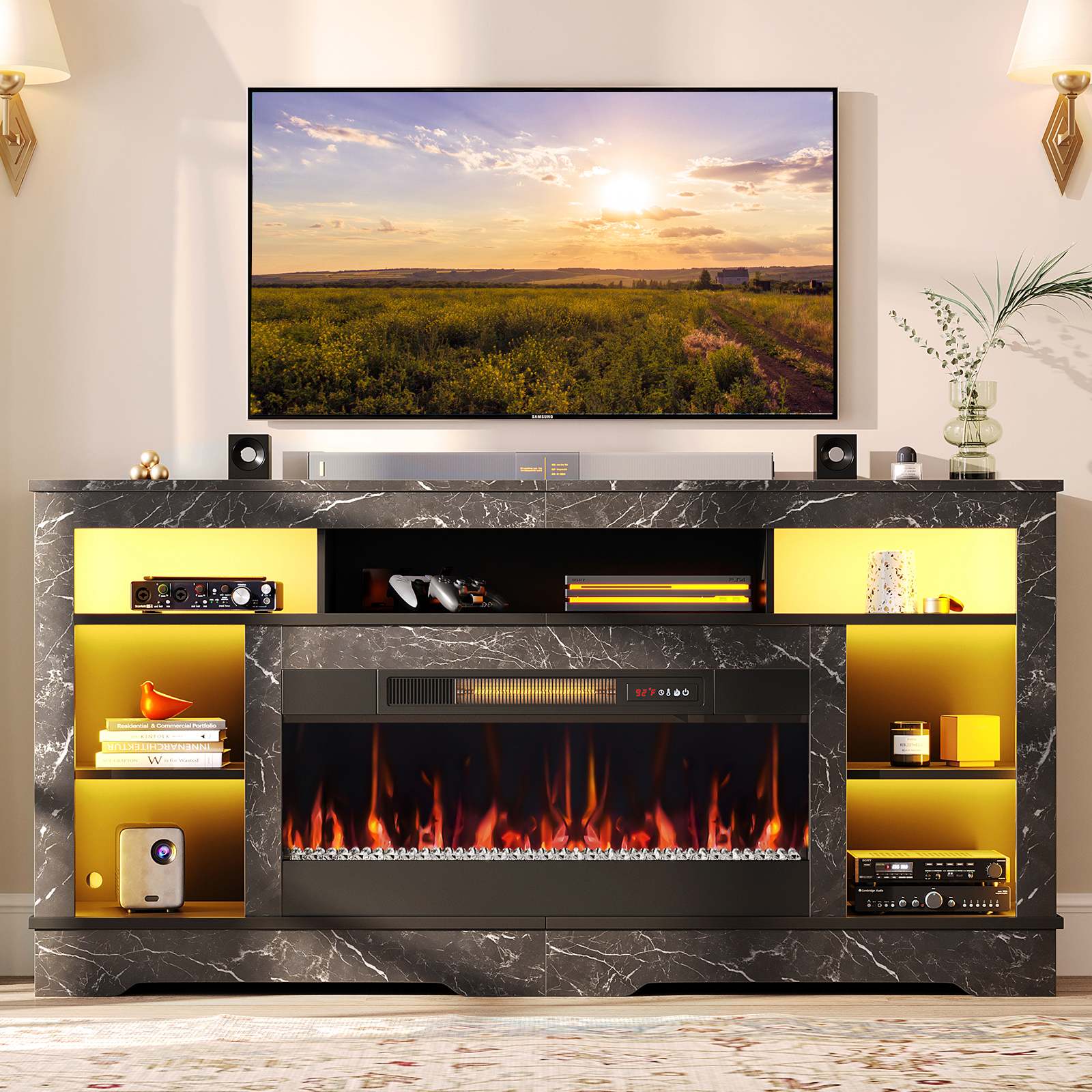 Bestier LOW-L104318FP-BLKM 71-in W Black Tall TV Stand for TVs Up to 80 inch TV Console with Electric Fireplace and Overheat Protection and Timer and LED Lighting