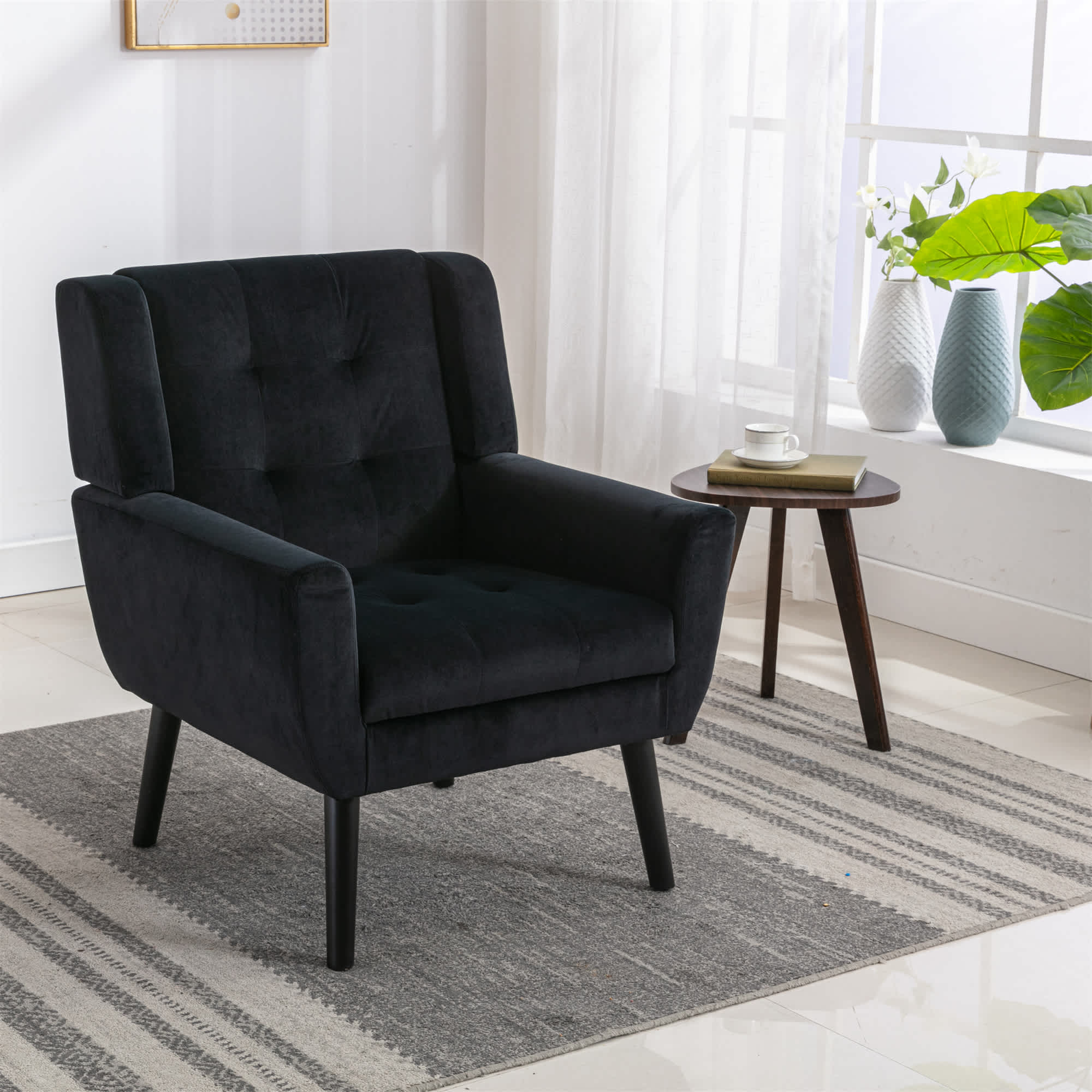 Aoibox Velvet Upholstered Accent Chair Black Solid Wood Legs 29.5 in W ...