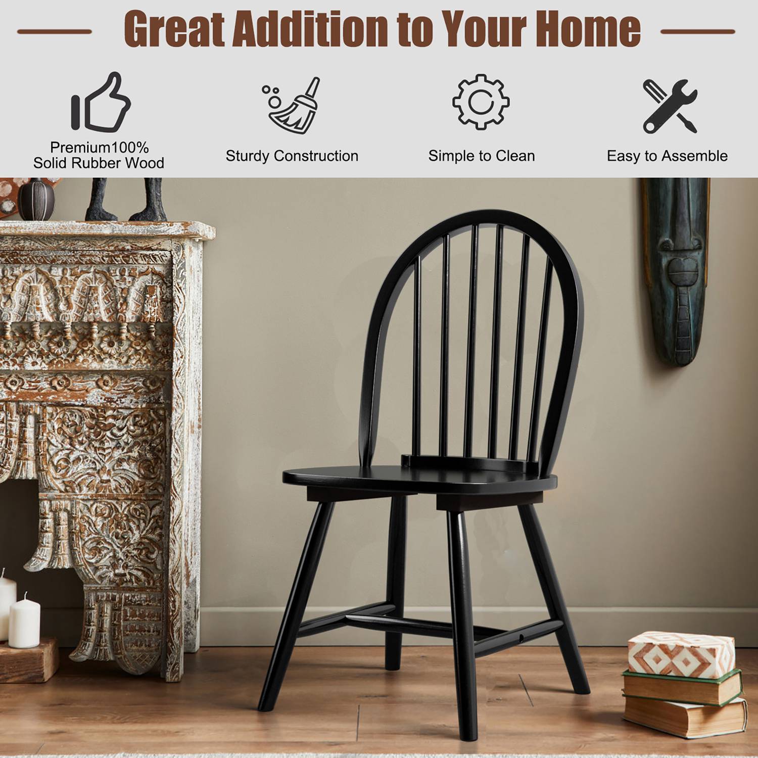 Costway Set of 2 Vintage Windsor Dining Side Chair Wood