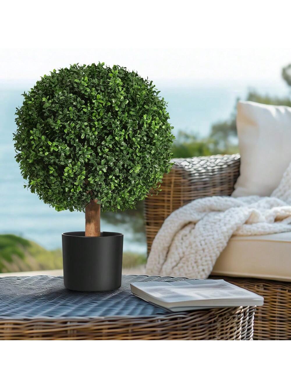 Qeetex PHO-34LA9LTS-HF4 24 Inch Artificial Topiary Boxwood Ball Trees. Set of 2 UV Resistant Plants.Faux Boxwood with 6Inchx5Inch Pots for Front Porch. Indoor Walkway. Entryway Decorating